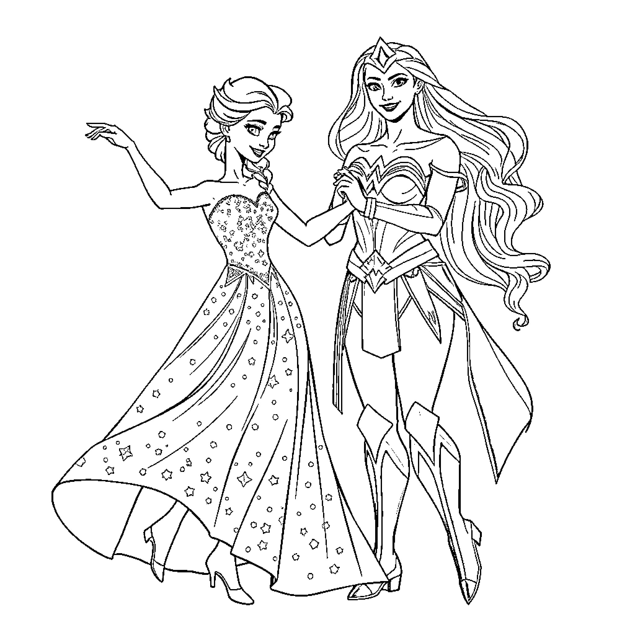 Elsa and Wonder Woman Standing Together Coloring Page (free black-and-white line drawing printable PDF for all, from beginners to advanced learners, including children, teens, adults, and seniors)