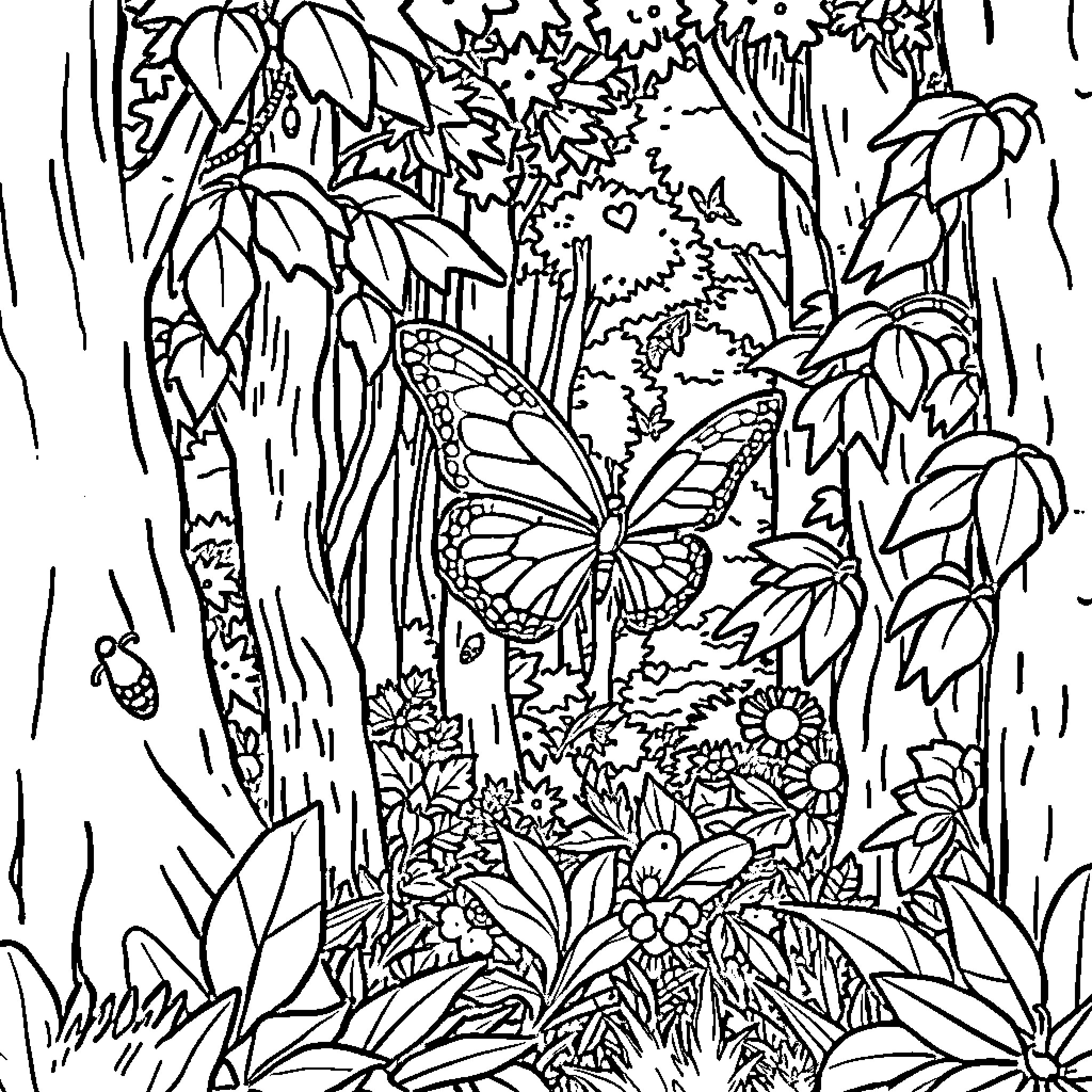 Butterfly in the Enchanted Forest Coloring Page (free black-and-white line drawing printable PDF for all, from beginners to advanced learners, including children, teens, adults, and seniors)