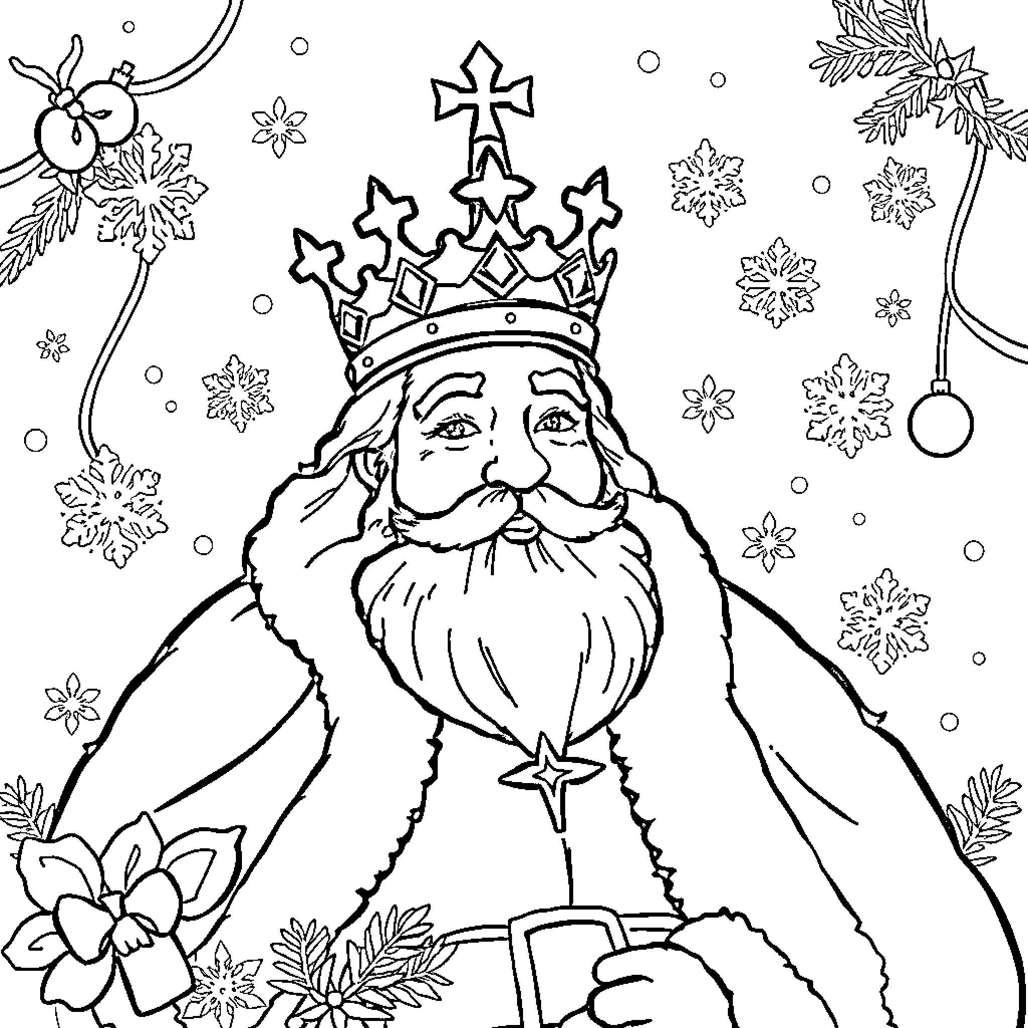 King of winter surrounded by snowflakes and nature Coloring Page (free black-and-white line drawing printable PDF for all, from beginners to advanced learners, including children, teens, adults, and seniors)