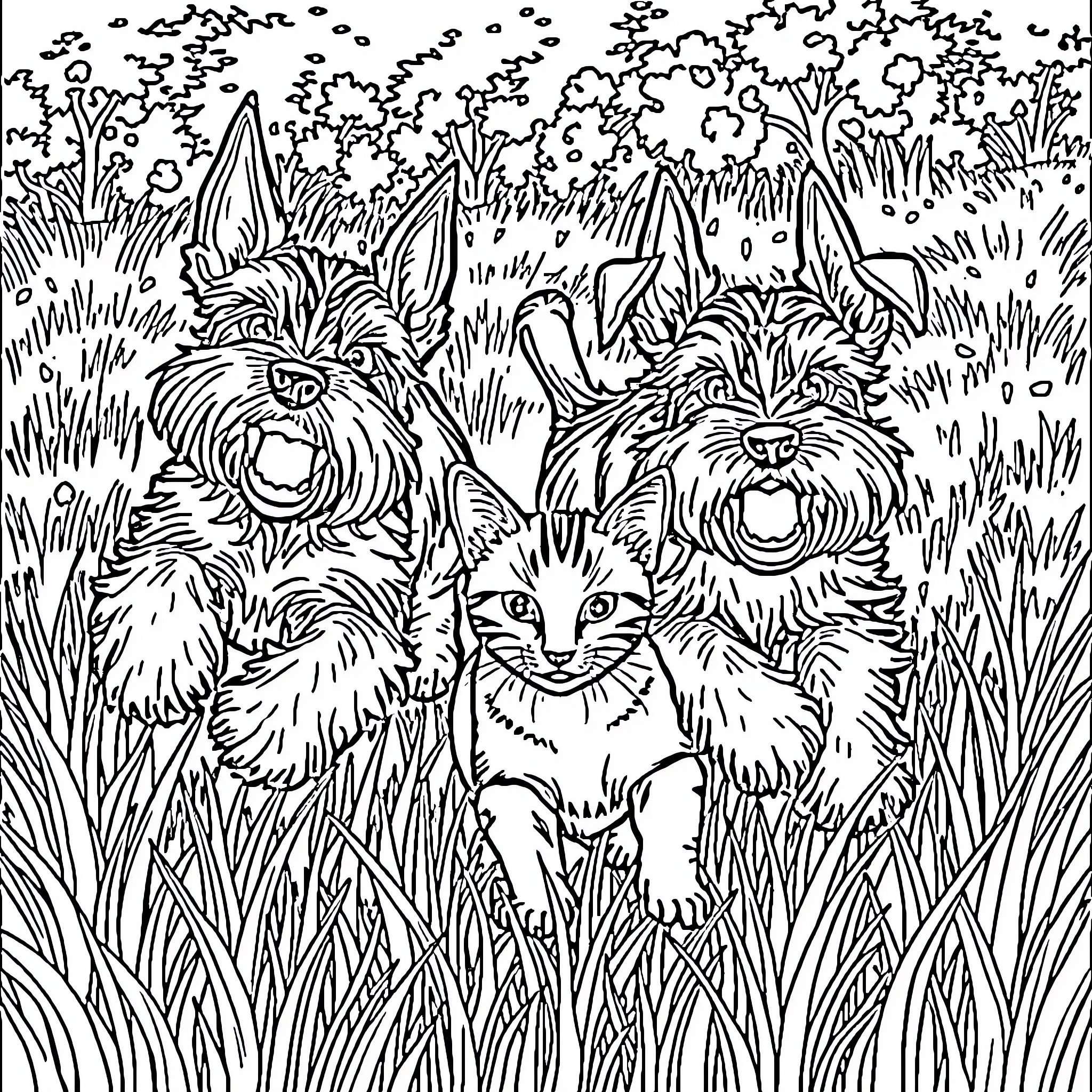 Schnauzer trio exploring the lush greenery Coloring Page (free black-and-white line drawing printable PDF for all, from beginners to advanced learners, including children, teens, adults, and seniors)