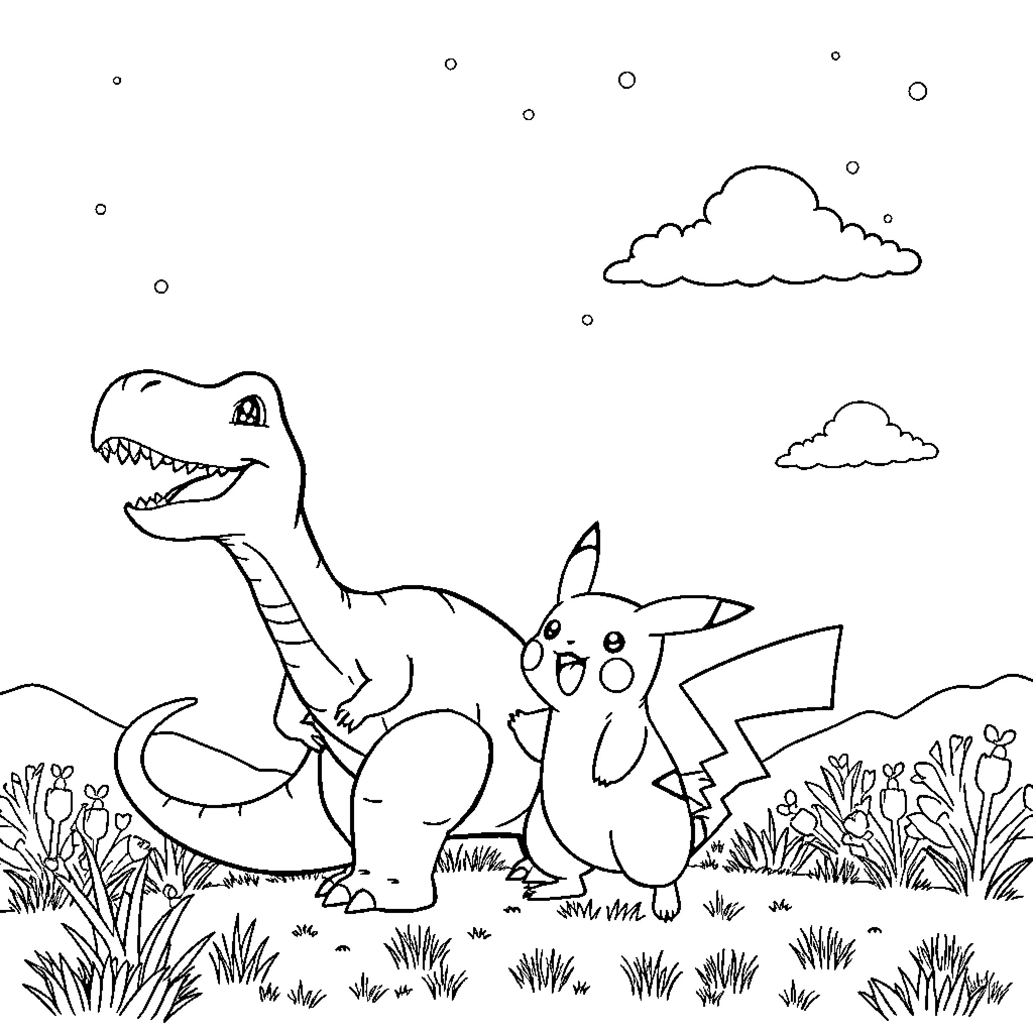 Dinosaur and Pikachu exploring the outdoors Coloring Page (free black-and-white line drawing printable PDF for all, from beginners to advanced learners, including children, teens, adults, and seniors)