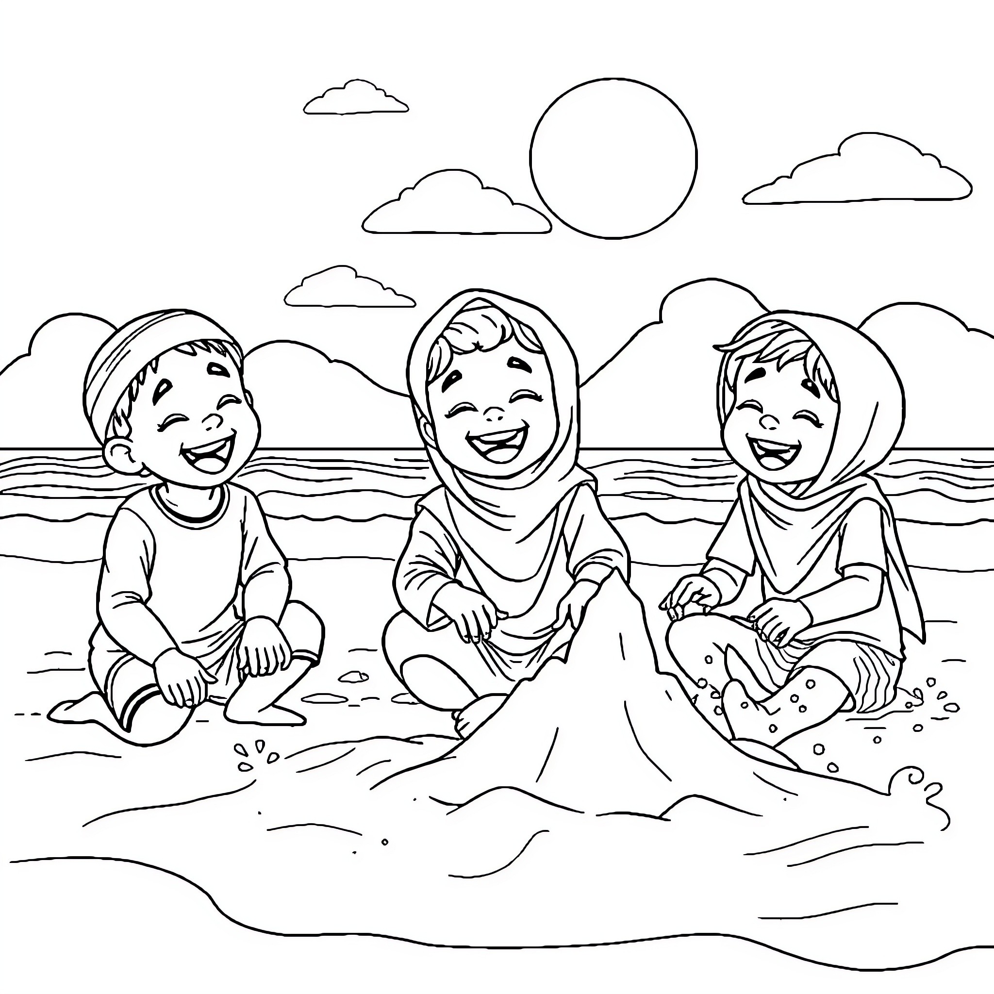Kid friends enjoying sunny day at the beach Coloring Page (free black-and-white line drawing printable PDF for all, from beginners to advanced learners, including children, teens, adults, and seniors)