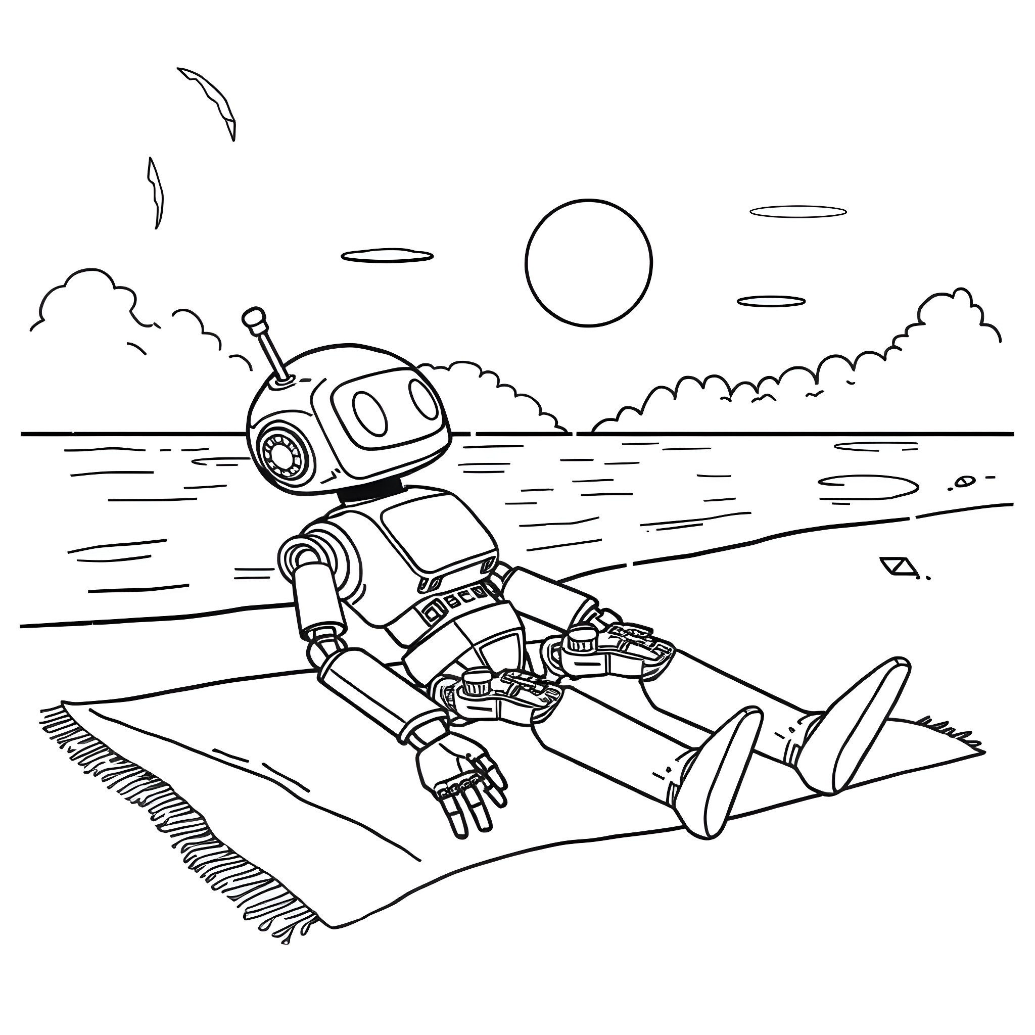 Robot exploring a remote desert landscape Coloring Page (free black-and-white line drawing printable PDF for all, from beginners to advanced learners, including children, teens, adults, and seniors)