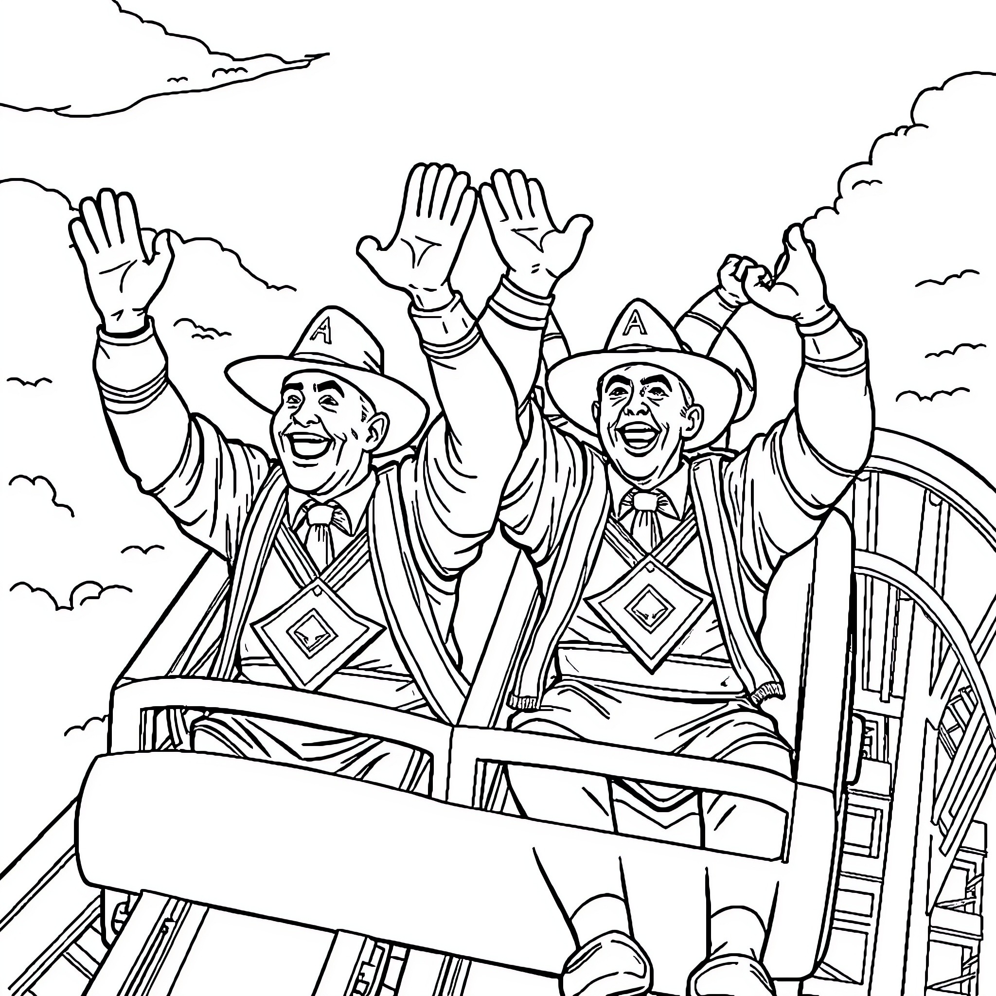 Freemasons celebrating with raised hands Coloring Page (free black-and-white line drawing printable PDF for all, from beginners to advanced learners, including children, teens, adults, and seniors)