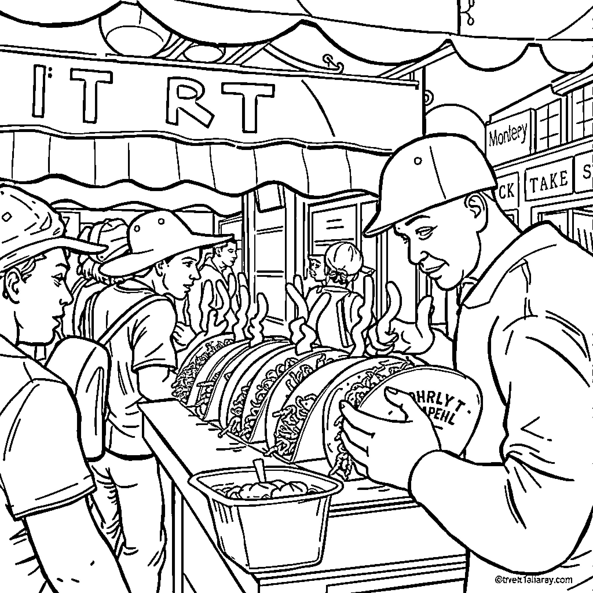 Taco Night at the Local Market Coloring Page (free black-and-white line drawing printable PDF for all, from beginners to advanced learners, including children, teens, adults, and seniors)