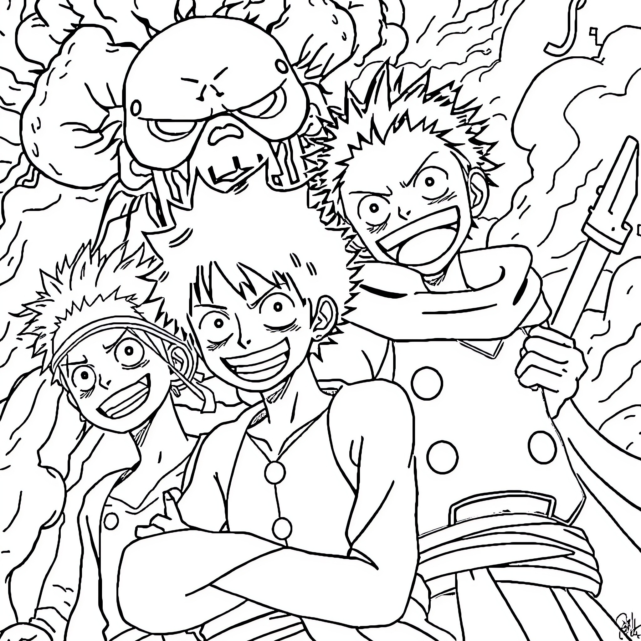 Tom and friends in a wild adventure Coloring Page (free black-and-white line drawing printable PDF for all, from beginners to advanced learners, including children, teens, adults, and seniors)