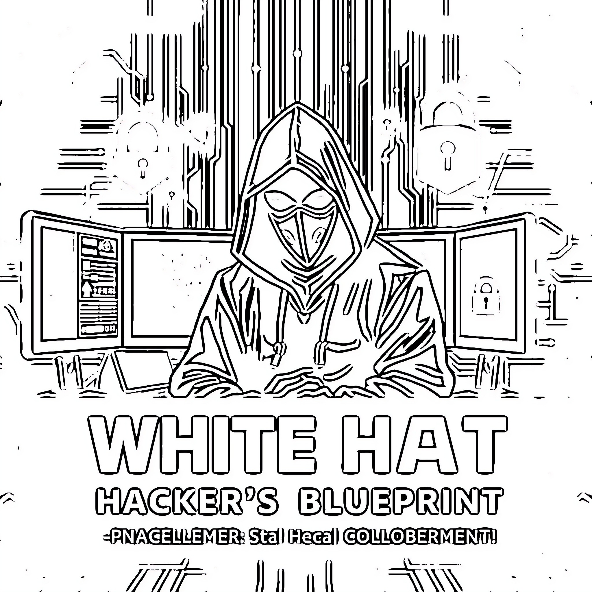 Hacker's Clandestine Scheme Coloring Page (free black-and-white line drawing printable PDF for all, from beginners to advanced learners, including children, teens, adults, and seniors)