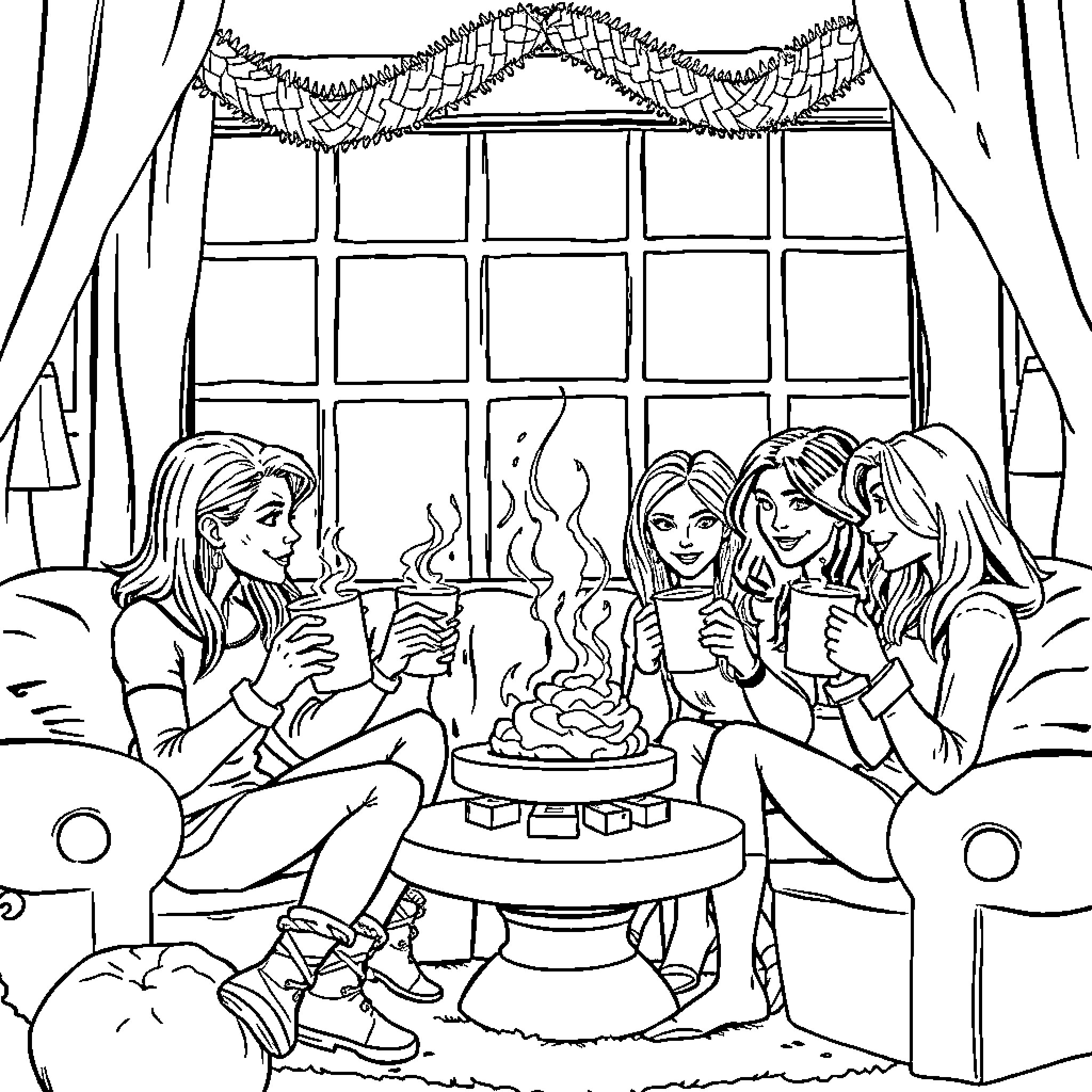 Buffy and friends enjoying a cozy gathering by the fireplace Coloring Page (free black-and-white line drawing printable PDF for all, from beginners to advanced learners, including children, teens, adults, and seniors)