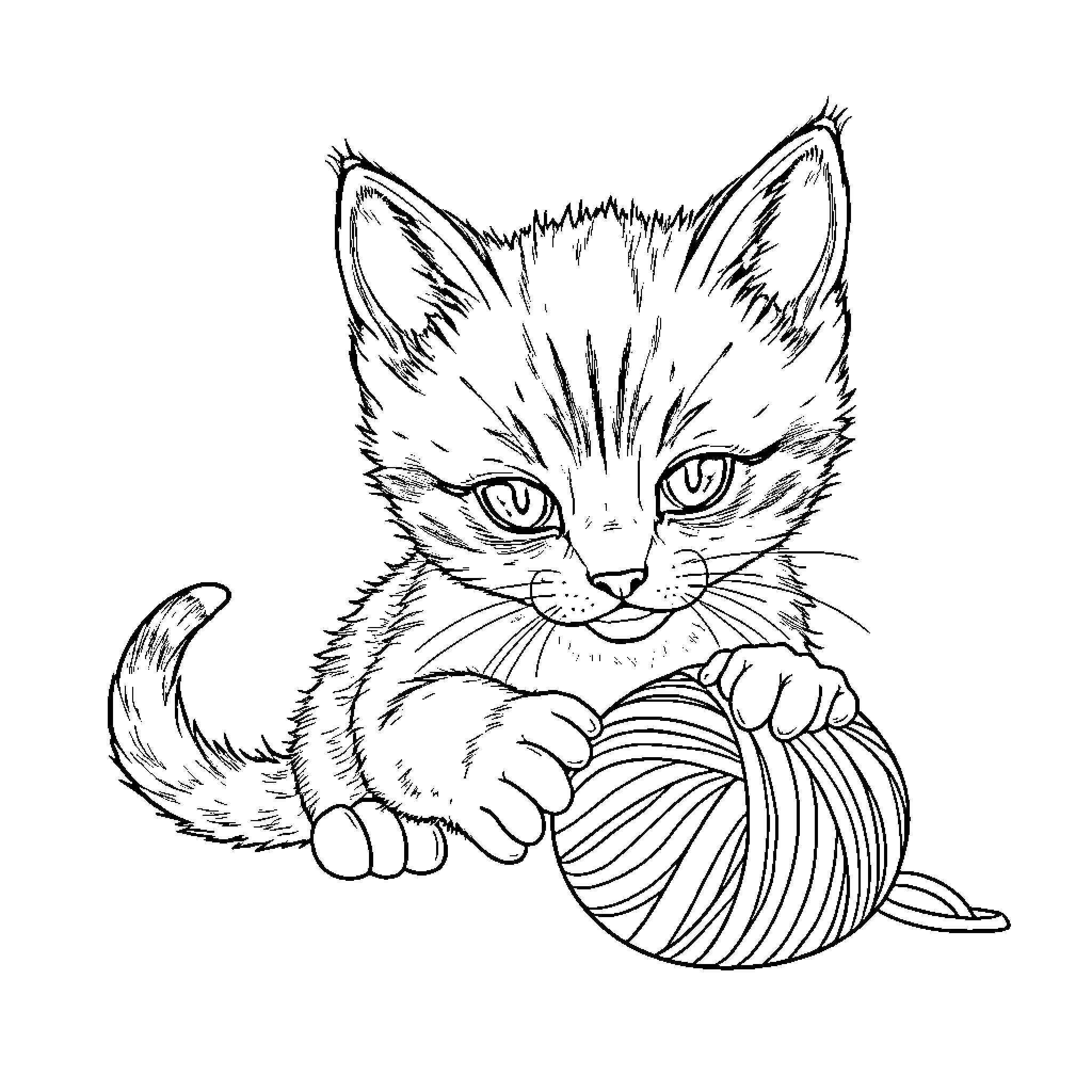 Kitten playing with yarn ball Coloring Page (free black-and-white line drawing printable PDF for all, from beginners to advanced learners, including children, teens, adults, and seniors)