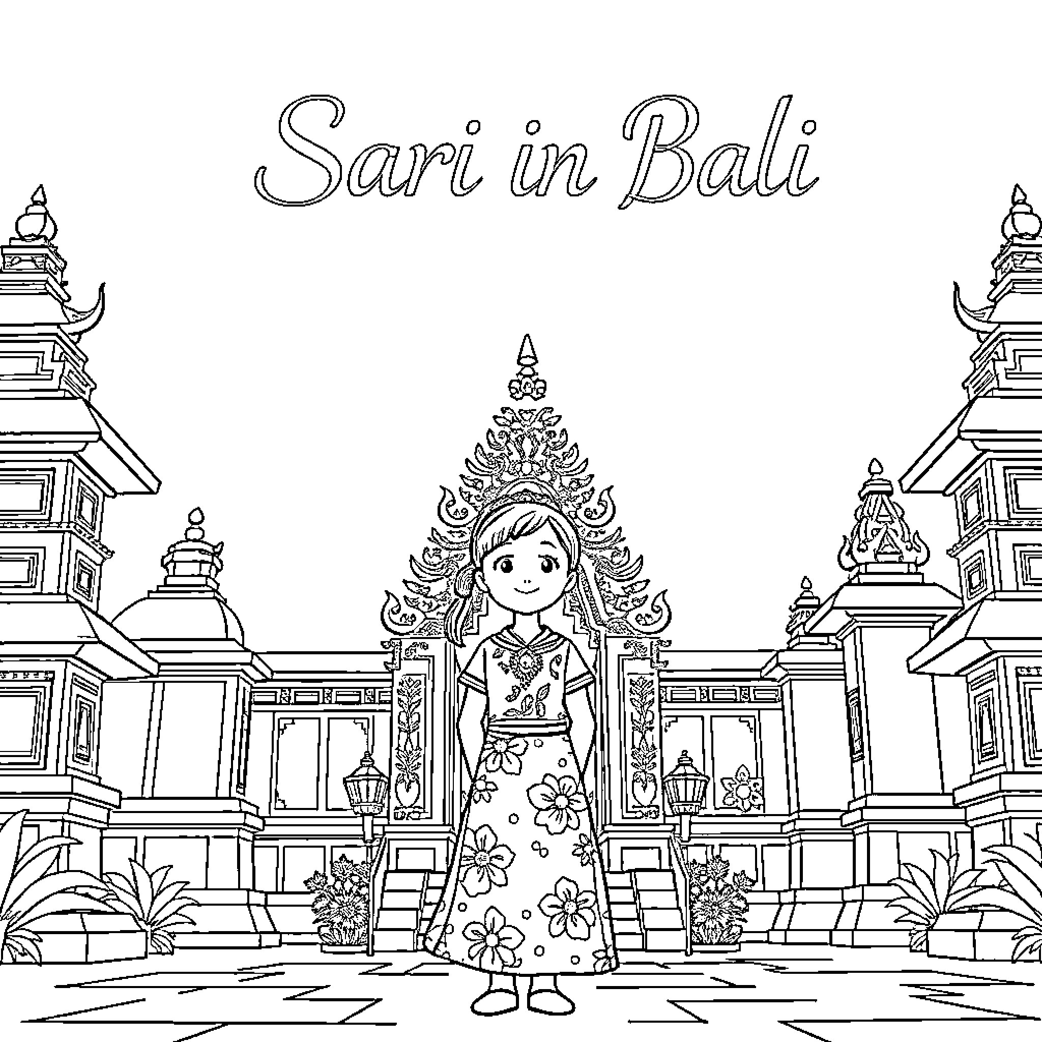 Girl in traditional Balinese outfit in front of temple Coloring Page (free black-and-white line drawing printable PDF for all, from beginners to advanced learners, including children, teens, adults, and seniors)