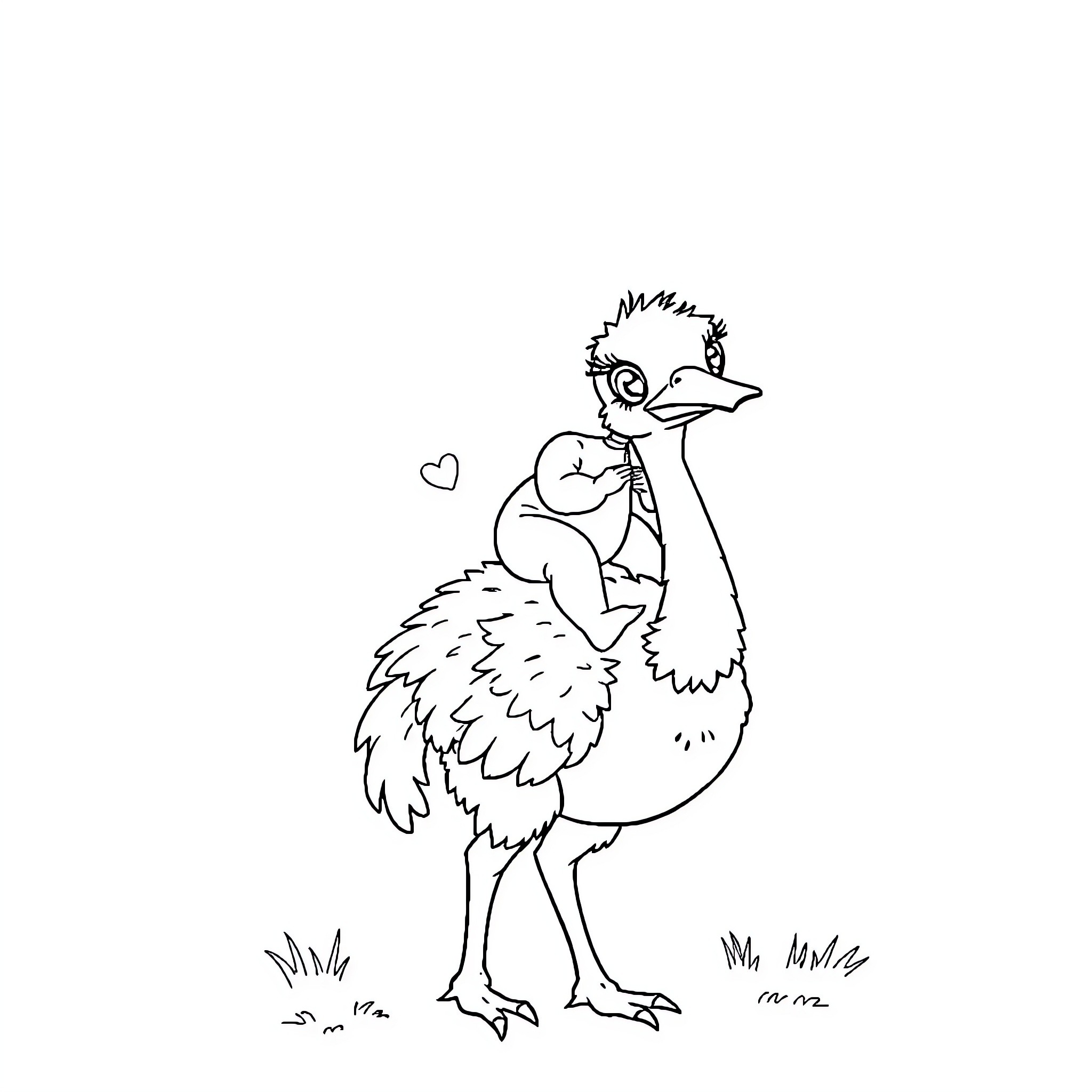 Baby ostrich with heart-shaped expression Coloring Page (free black-and-white line drawing printable PDF for all, from beginners to advanced learners, including children, teens, adults, and seniors)