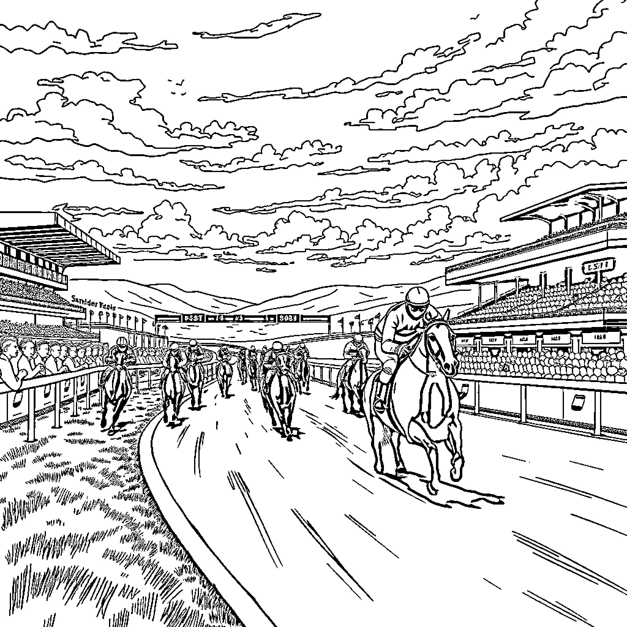 Racing Santander: Horses and Jockeys in a Lively Racetrack Scene Coloring Page (free black-and-white line drawing printable PDF for all, from beginners to advanced learners, including children, teens, adults, and seniors)