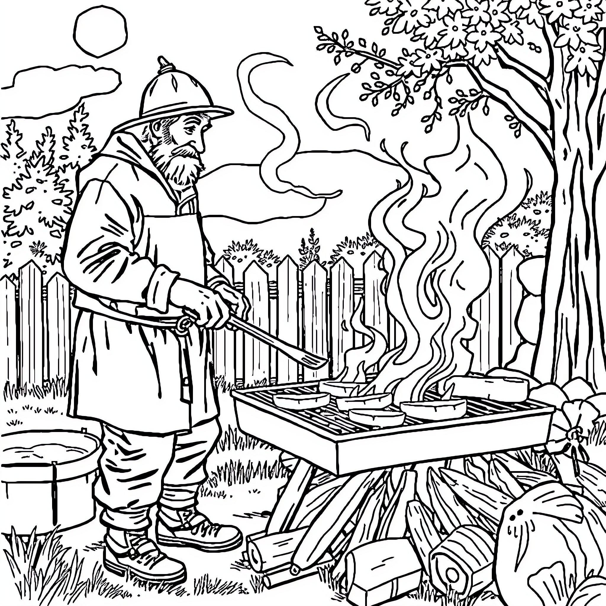 Armenian Farmer Tending to His Garden Coloring Page (free black-and-white line drawing printable PDF for all, from beginners to advanced learners, including children, teens, adults, and seniors)