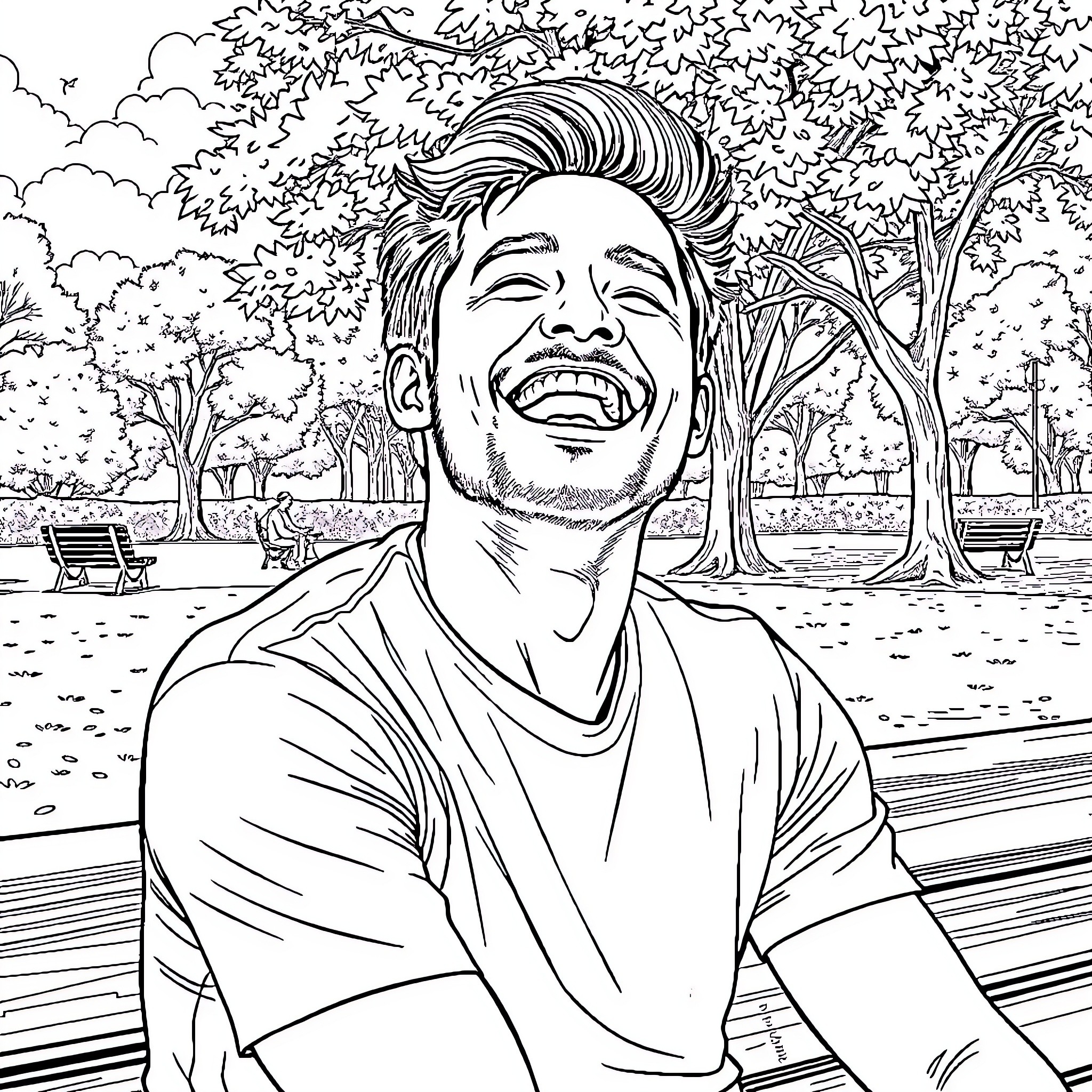 Man laughing joyfully in a park setting Coloring Page (free black-and-white line drawing printable PDF for all, from beginners to advanced learners, including children, teens, adults, and seniors)