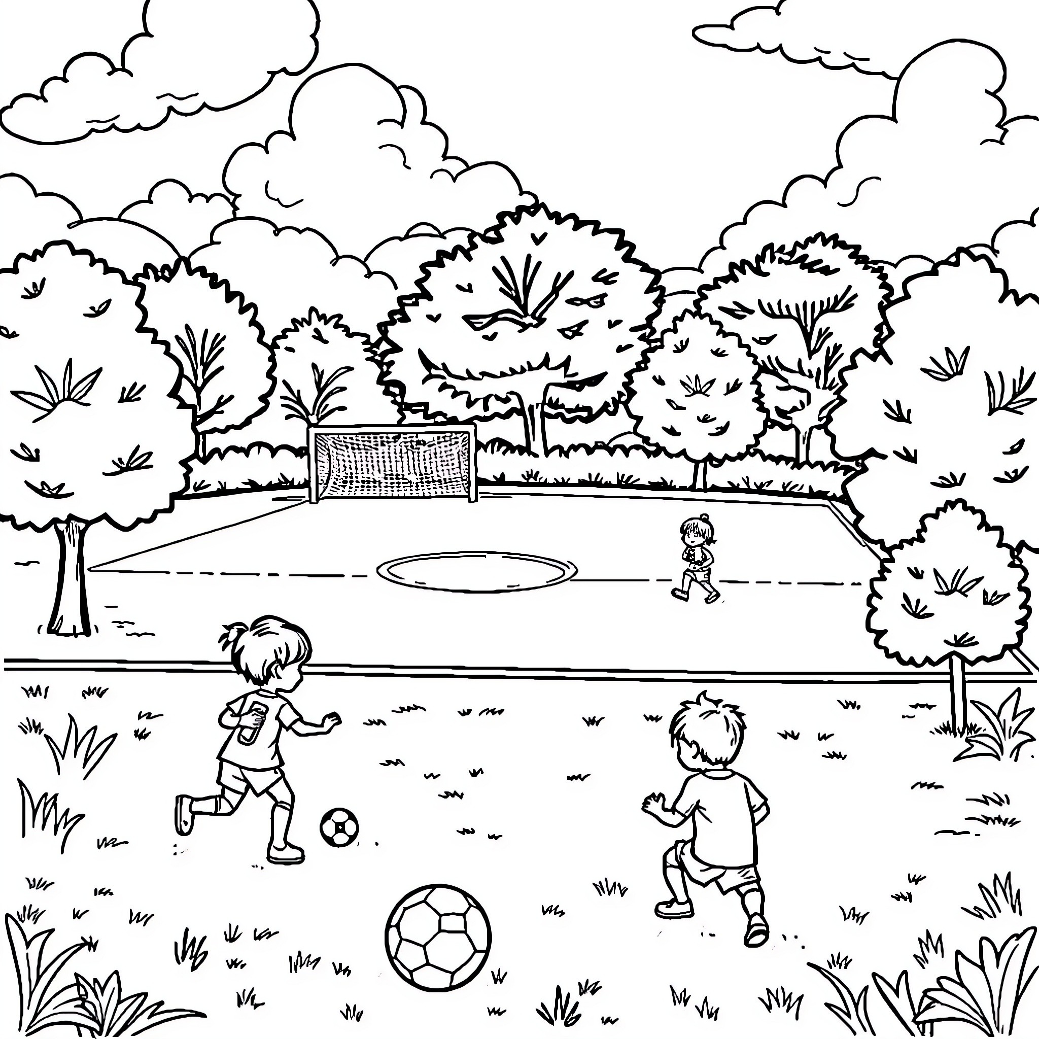 Soccer game in the park Coloring Page (free black-and-white line drawing printable PDF for all, from beginners to advanced learners, including children, teens, adults, and seniors)