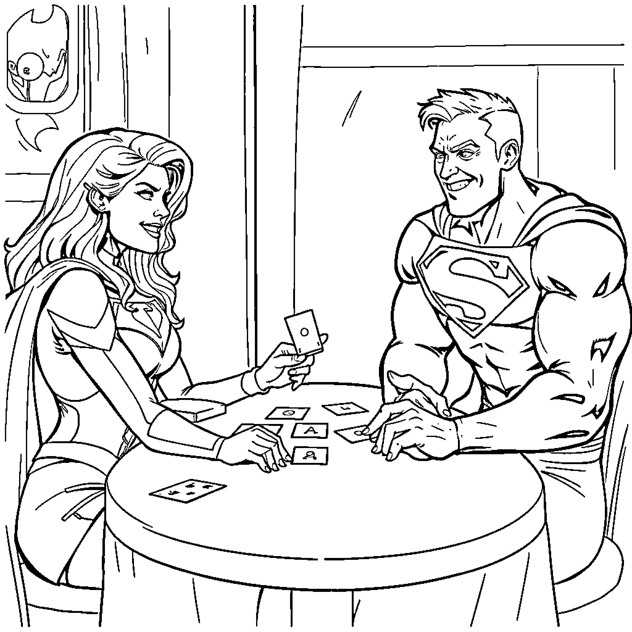 Supergirl and Superman playing cards together Coloring Page (free black-and-white line drawing printable PDF for all, from beginners to advanced learners, including children, teens, adults, and seniors)