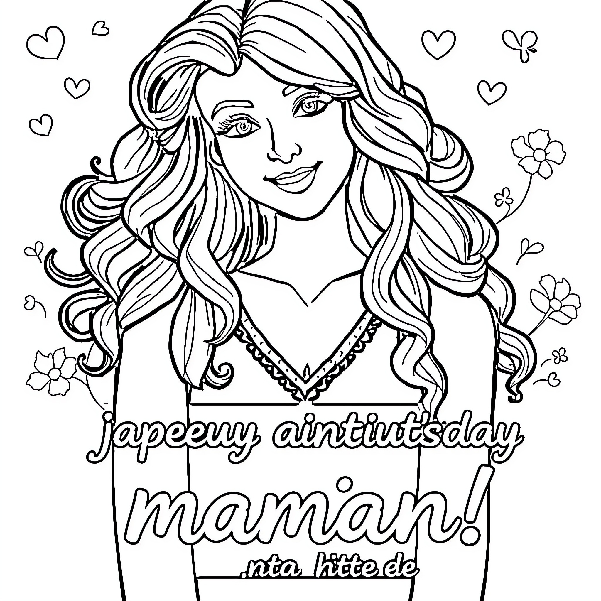 Sophie's Happy Mother's Day Celebration Coloring Page (free black-and-white line drawing printable PDF for all, from beginners to advanced learners, including children, teens, adults, and seniors)