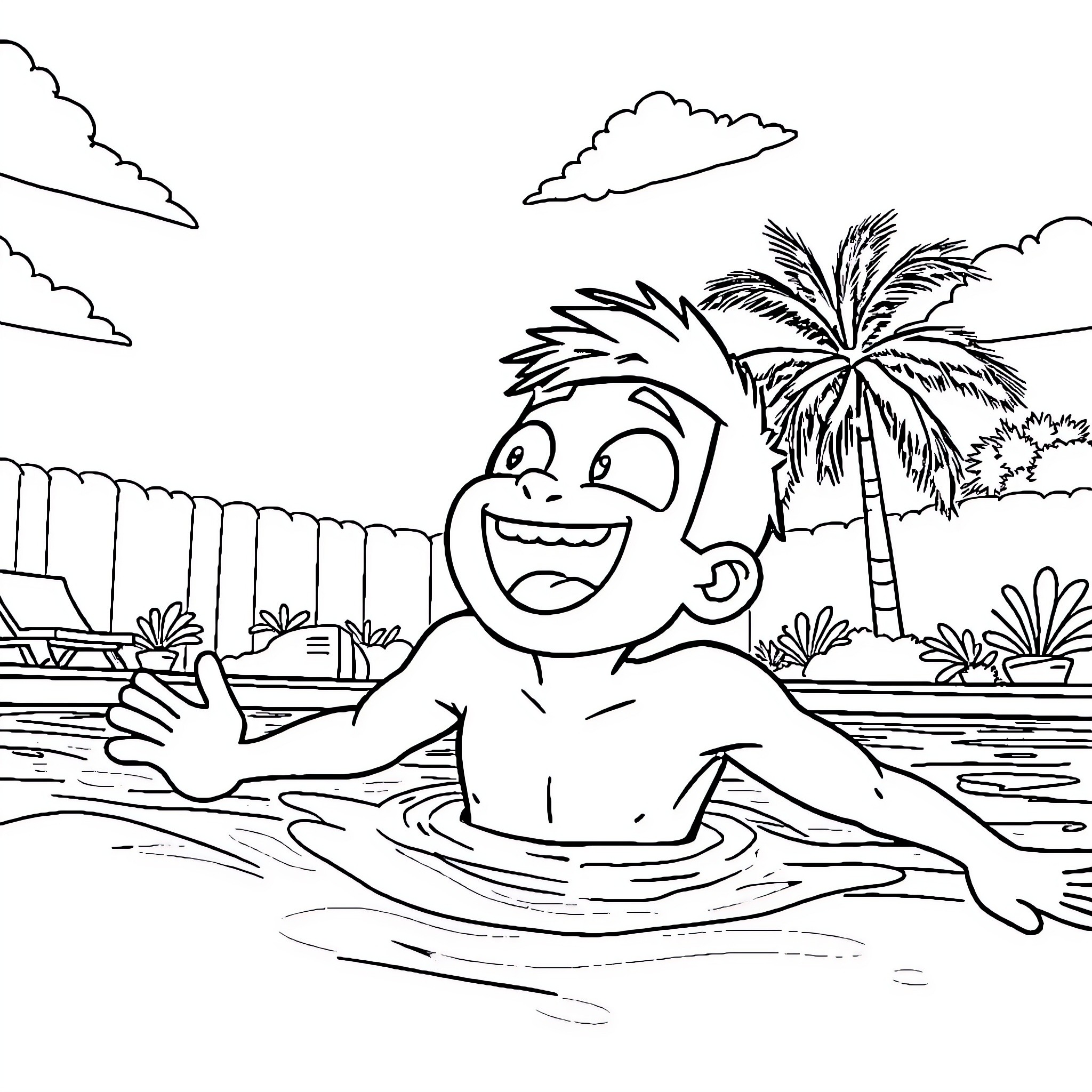 Miles Morales having fun in a tropical paradise Coloring Page (free black-and-white line drawing printable PDF for all, from beginners to advanced learners, including children, teens, adults, and seniors)