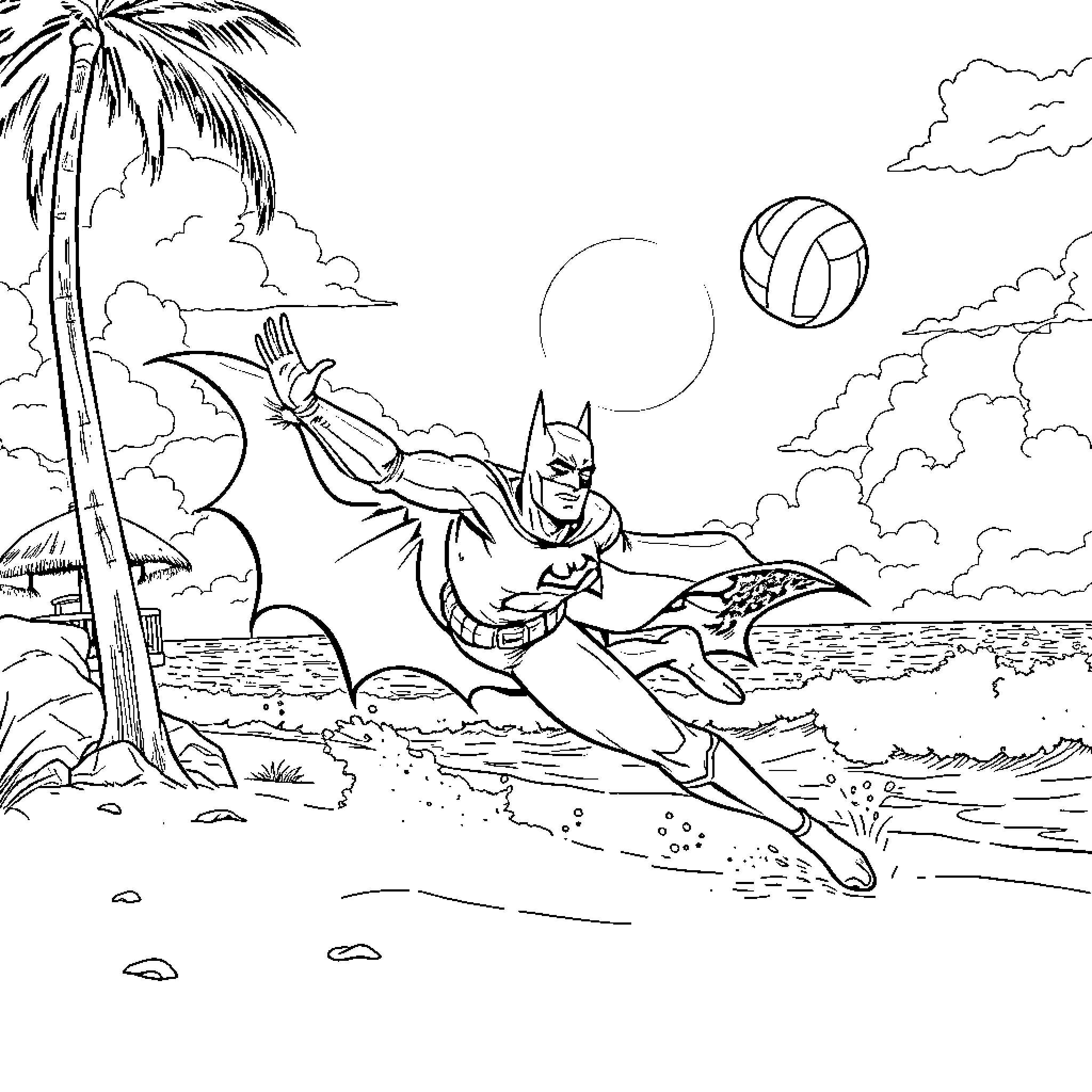 Batman surfing and playing with a volleyball on the beach Coloring Page (free black-and-white line drawing printable PDF for all, from beginners to advanced learners, including children, teens, adults, and seniors)
