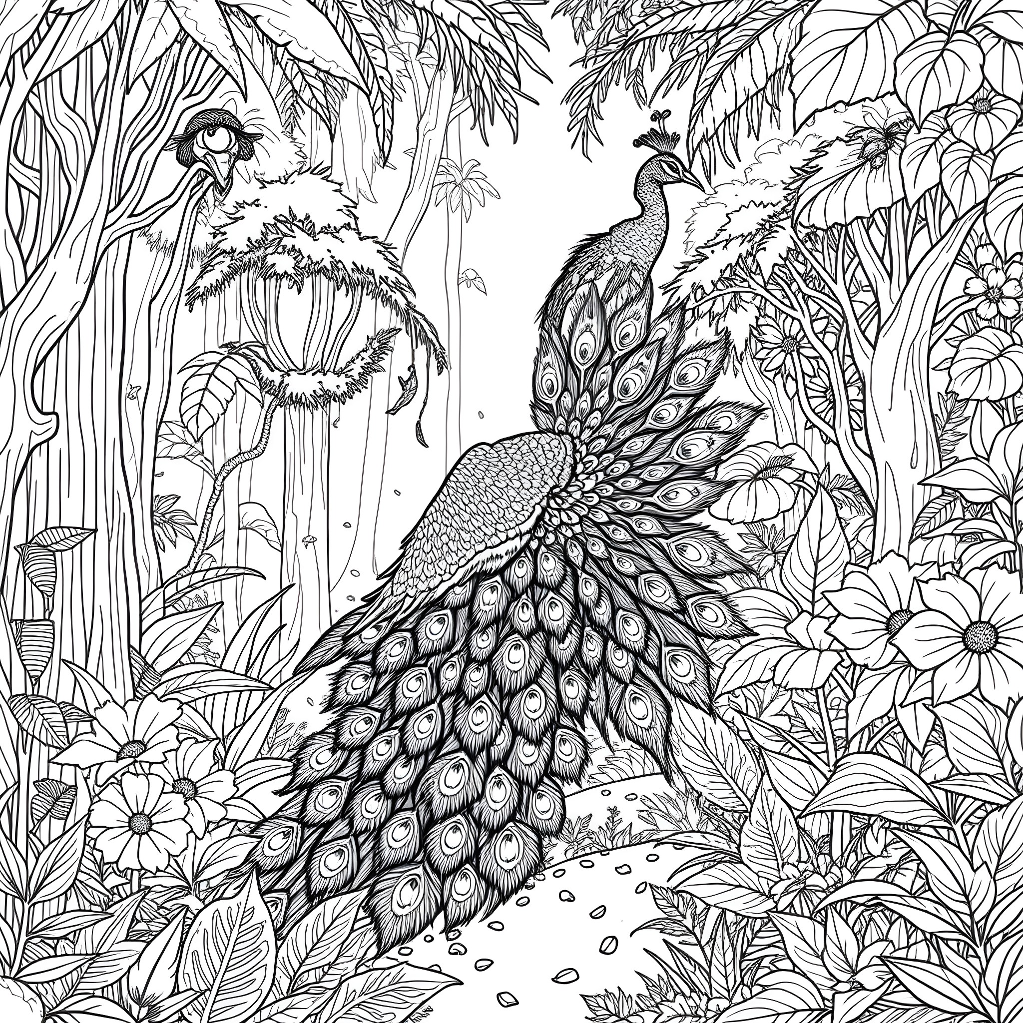Peacocks displaying their vibrant feathers in a lush jungle Coloring Page (free black-and-white line drawing printable PDF for all, from beginners to advanced learners, including children, teens, adults, and seniors)