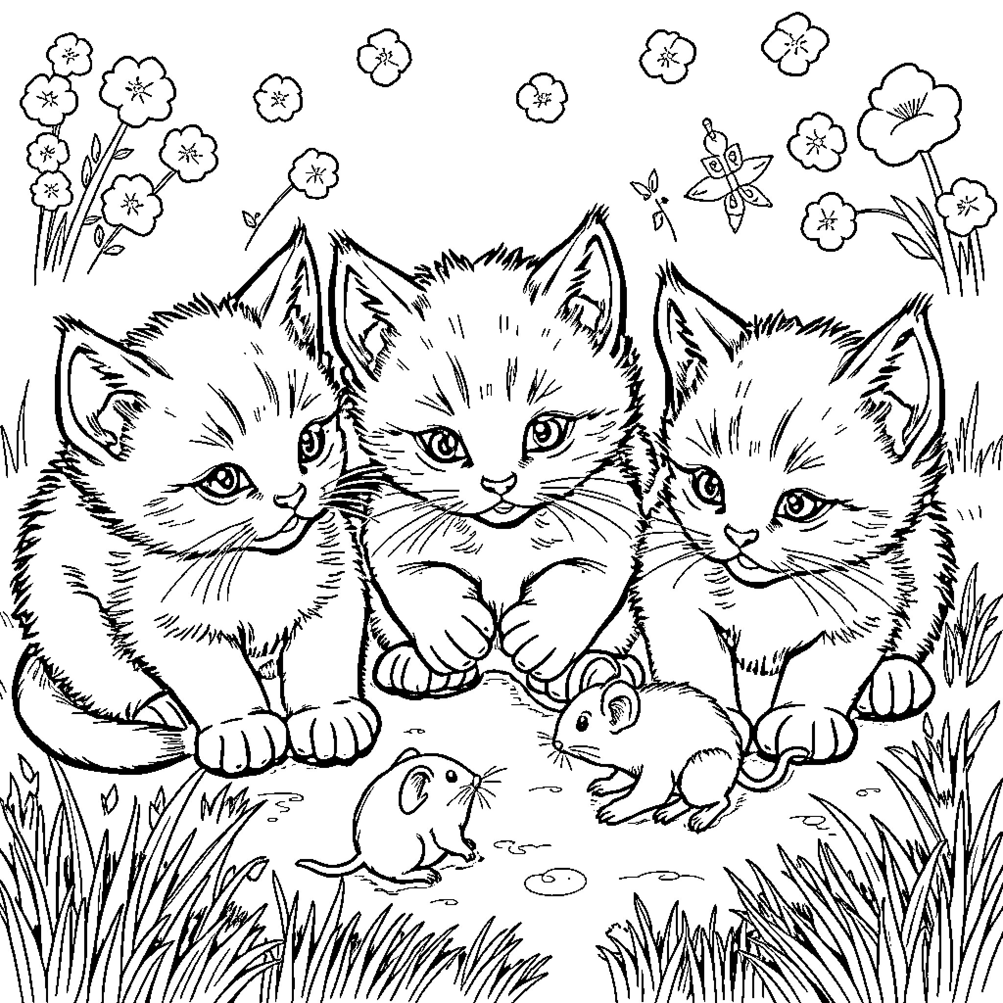 Kittens exploring nature with curious creatures Coloring Page (free black-and-white line drawing printable PDF for all, from beginners to advanced learners, including children, teens, adults, and seniors)