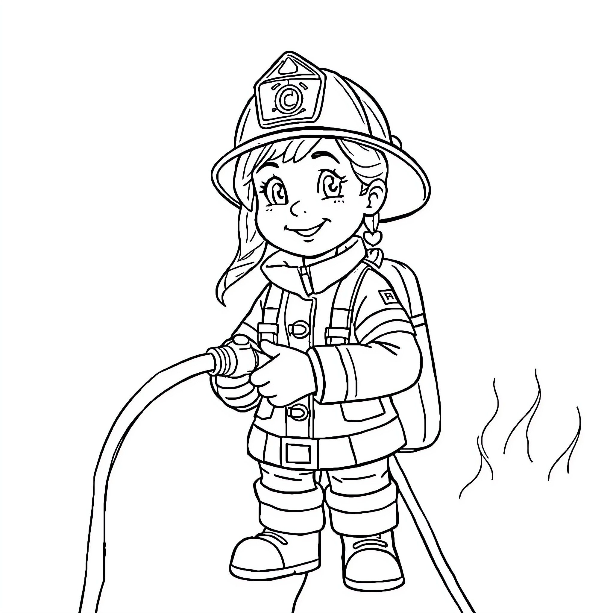 Firefighter assisting with emergency response Coloring Page (free black-and-white line drawing printable PDF for all, from beginners to advanced learners, including children, teens, adults, and seniors)