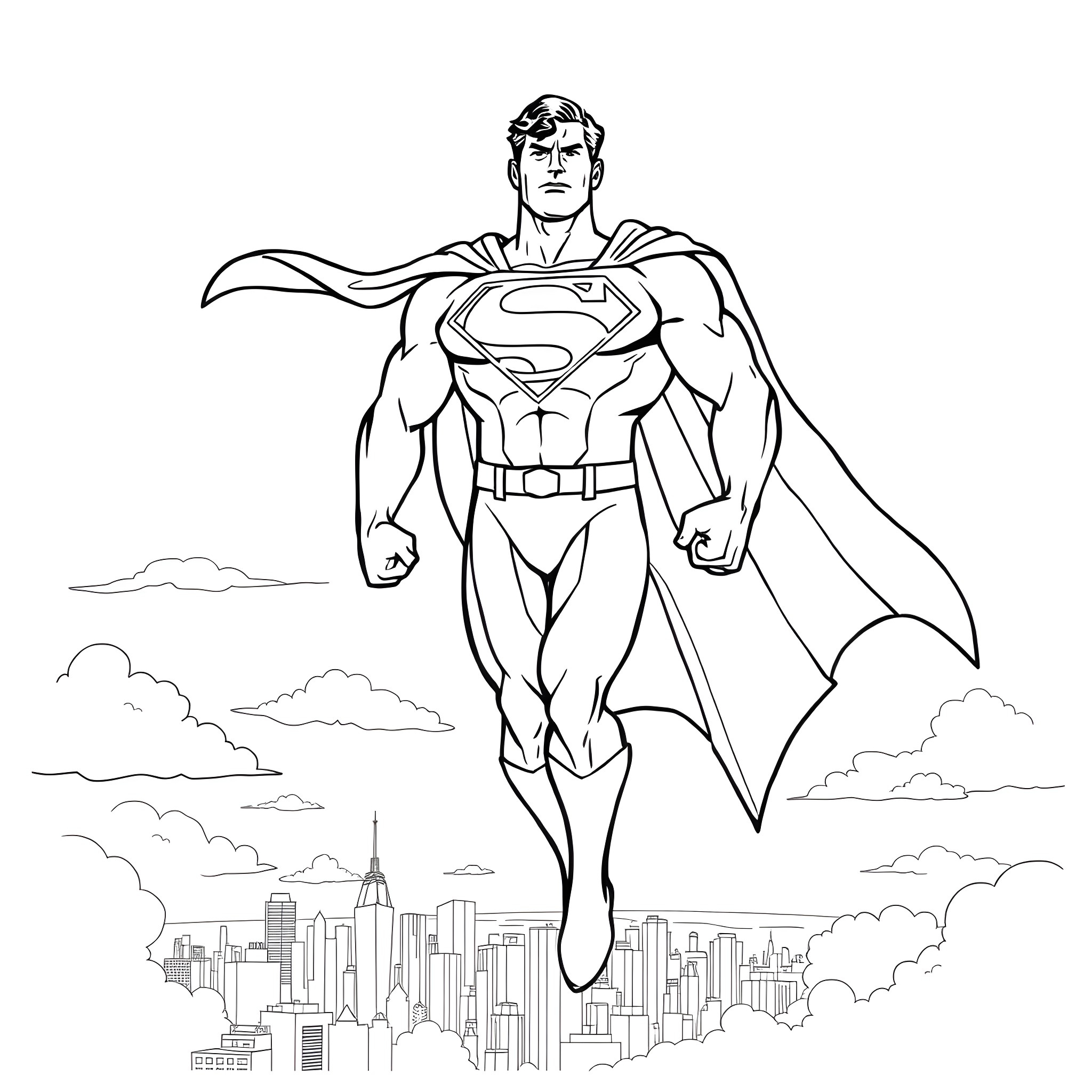 Superman soaring over the city in action pose Coloring Page (free black-and-white line drawing printable PDF for all, from beginners to advanced learners, including children, teens, adults, and seniors)