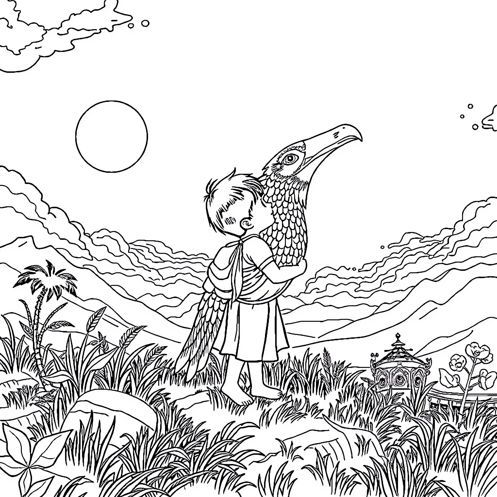 Kite soaring over fantastical landscape Coloring Page (free black-and-white line drawing printable PDF for all, from beginners to advanced learners, including children, teens, adults, and seniors)