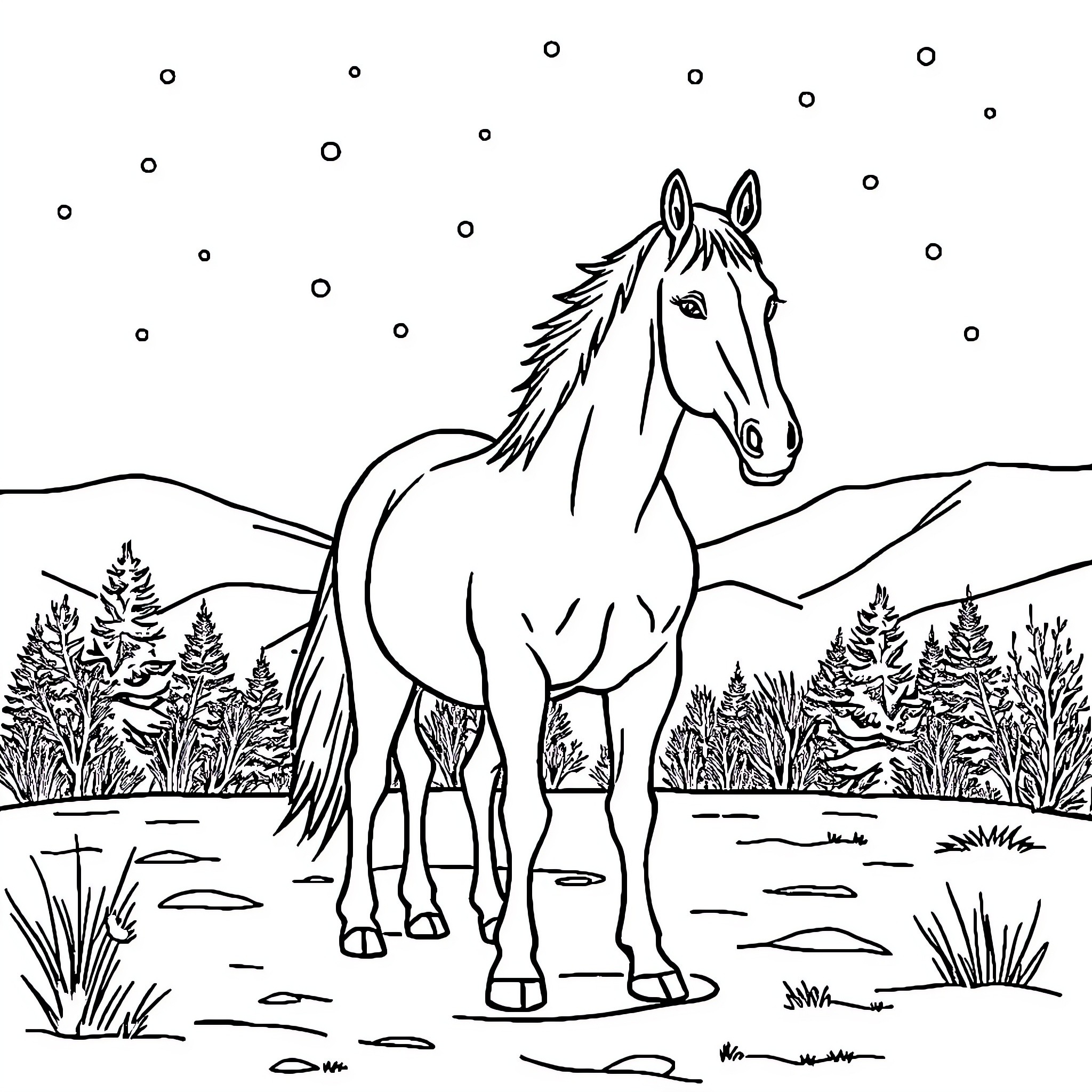 Horse standing in a snowy landscape Coloring Page (free black-and-white line drawing printable PDF for all, from beginners to advanced learners, including children, teens, adults, and seniors)