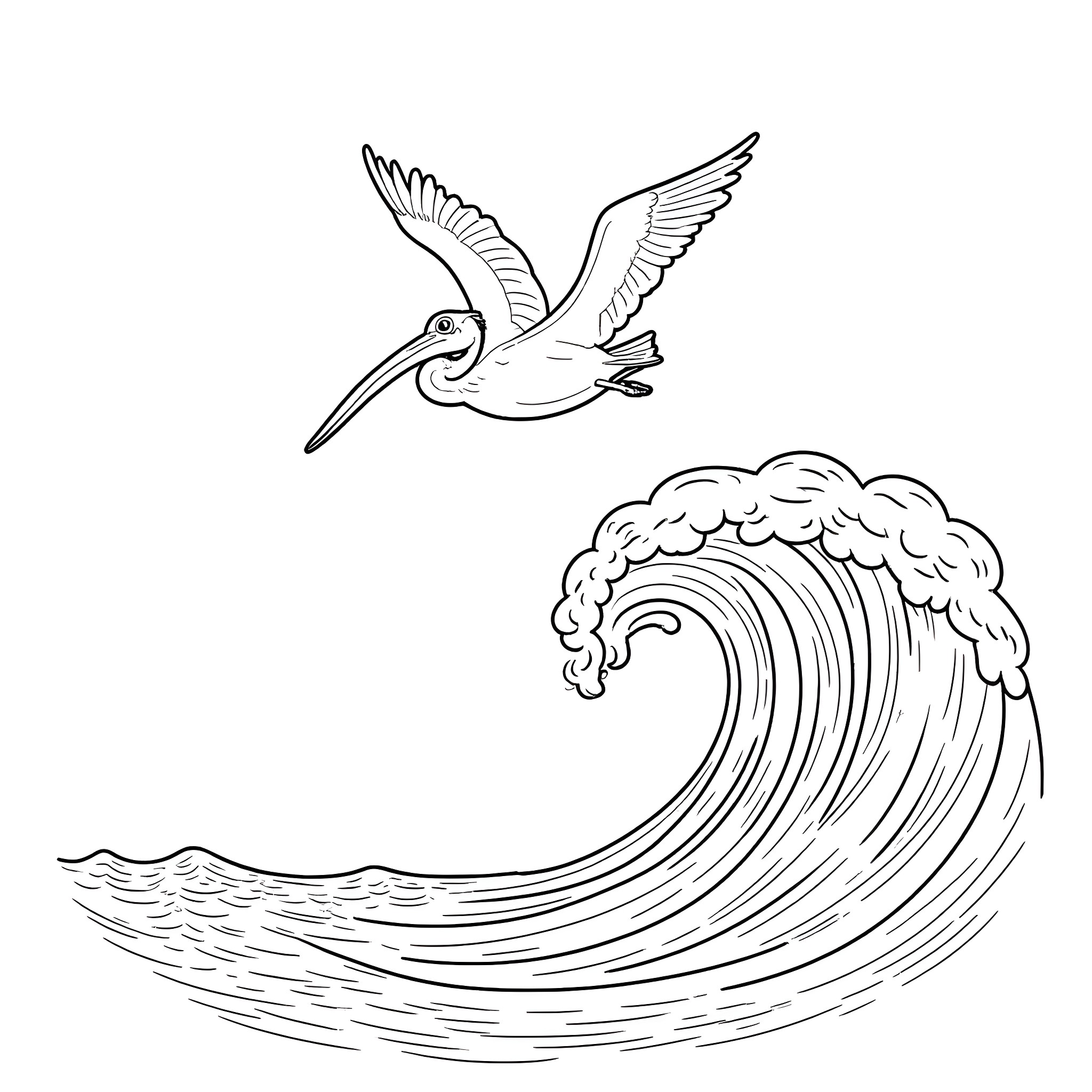 Pelican soaring over crashing wave Coloring Page (free black-and-white line drawing printable PDF for all, from beginners to advanced learners, including children, teens, adults, and seniors)