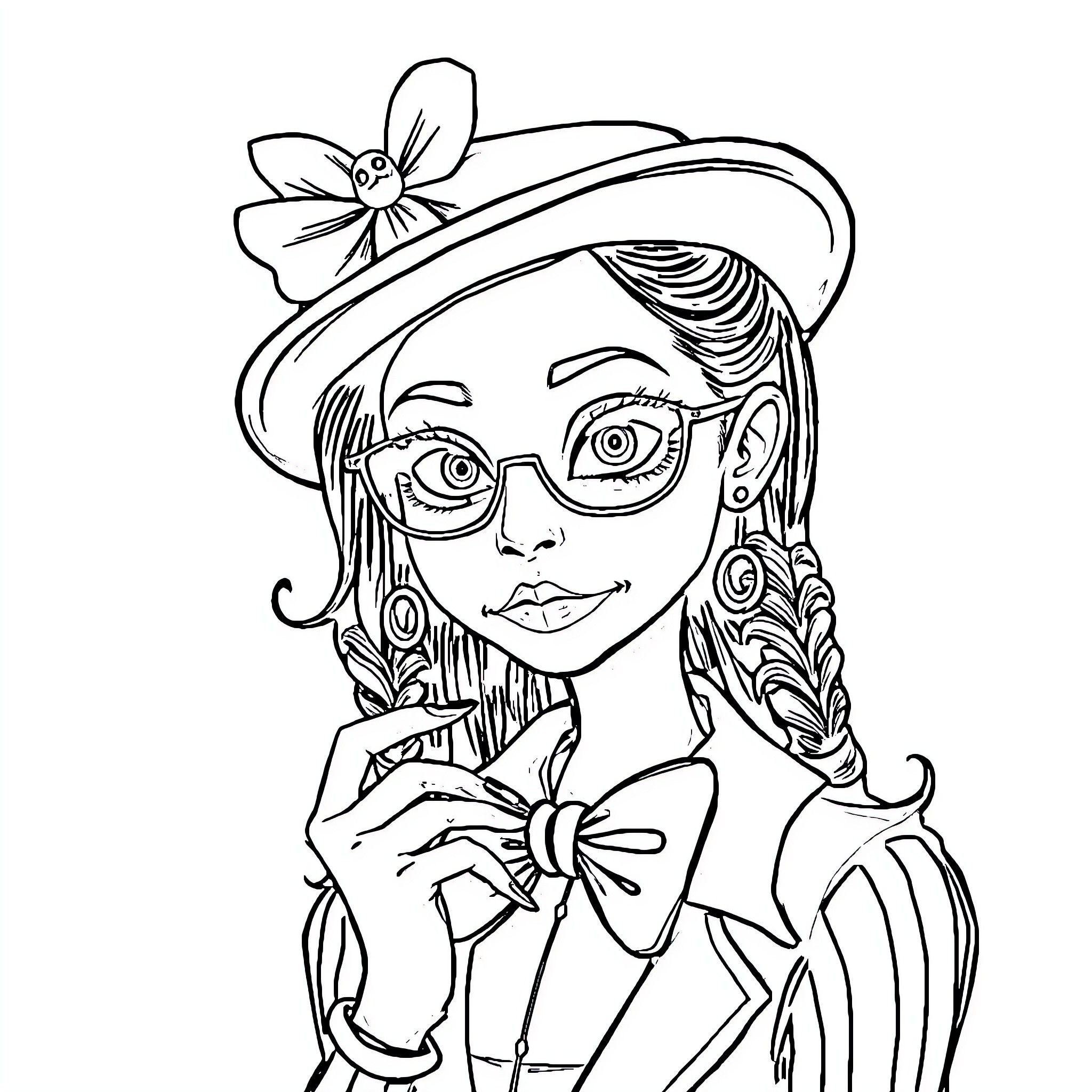 Tim Burton Character with whimsical hat and curious expression Coloring Page (free black-and-white line drawing printable PDF for all, from beginners to advanced learners, including children, teens, adults, and seniors)