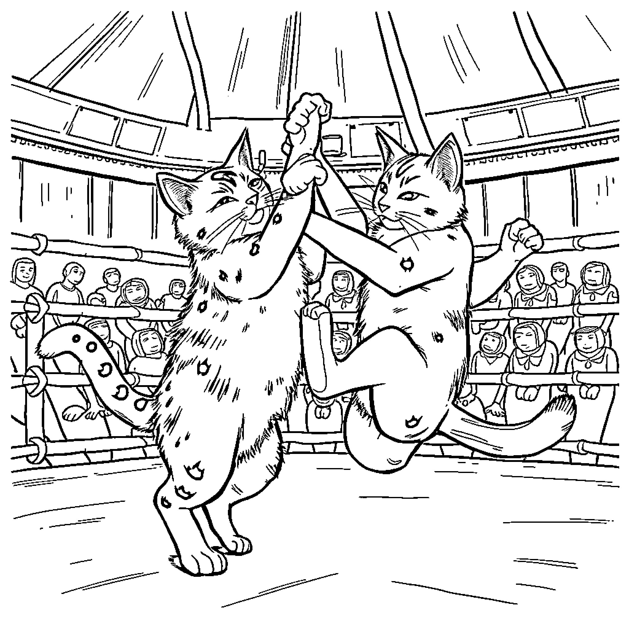 Gato performing in a circus arena Coloring Page (free black-and-white line drawing printable PDF for all, from beginners to advanced learners, including children, teens, adults, and seniors)