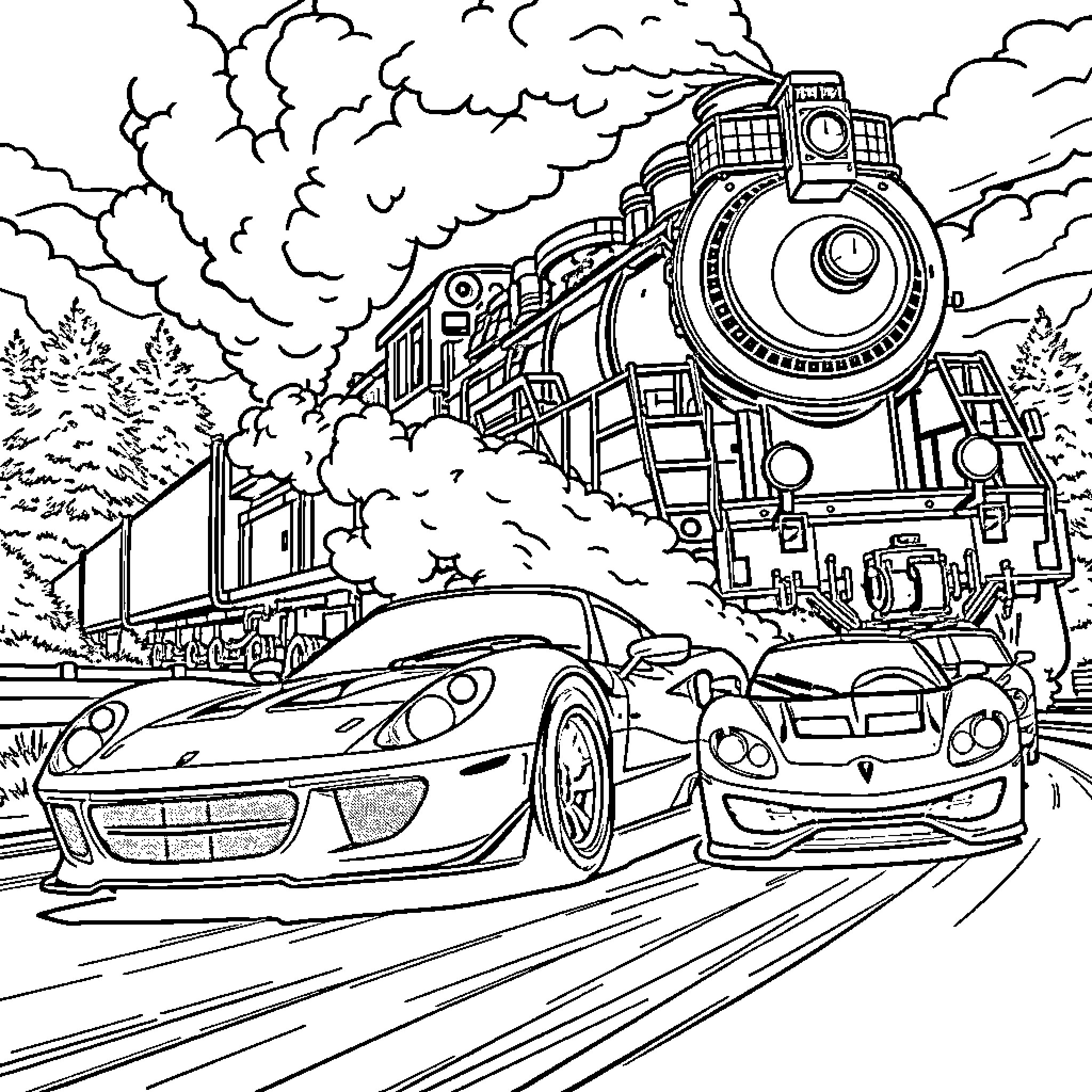 Cars racing alongside a vintage steam locomotive Coloring Page (free black-and-white line drawing printable PDF for all, from beginners to advanced learners, including children, teens, adults, and seniors)