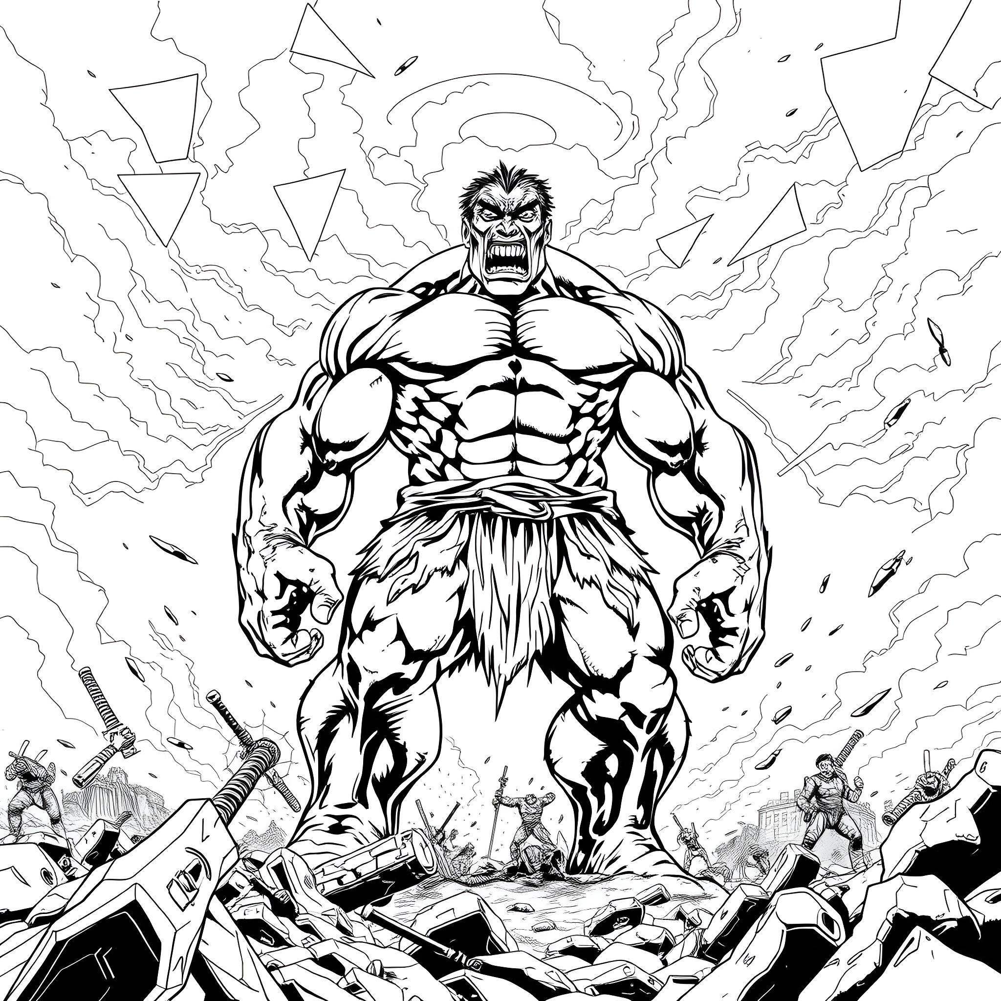 Skulk of a Mighty Warrior Amidst Chaos Coloring Page (free black-and-white line drawing printable PDF for all, from beginners to advanced learners, including children, teens, adults, and seniors)