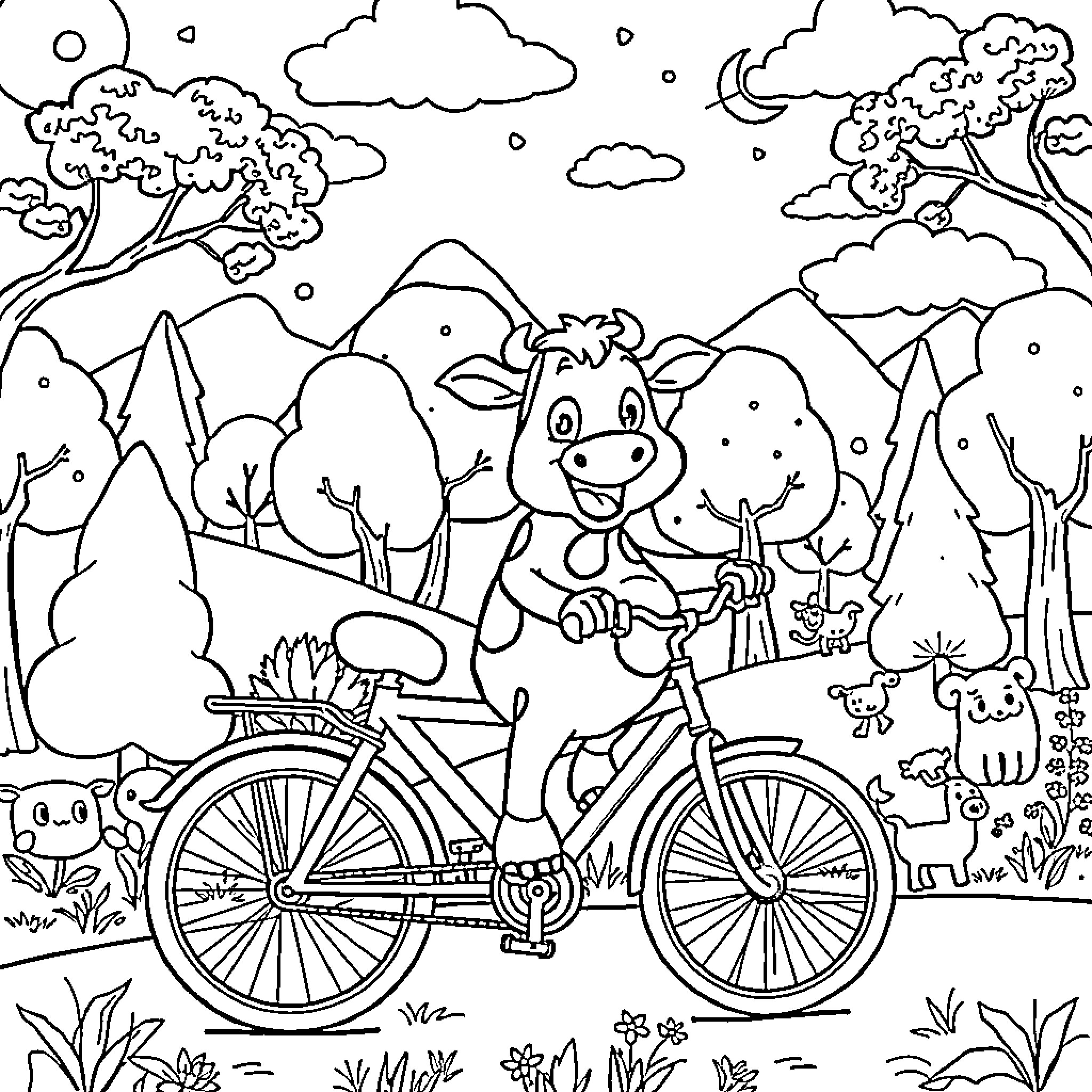 Cow riding a bicycle through a nature scene Coloring Page (free black-and-white line drawing printable PDF for all, from beginners to advanced learners, including children, teens, adults, and seniors)