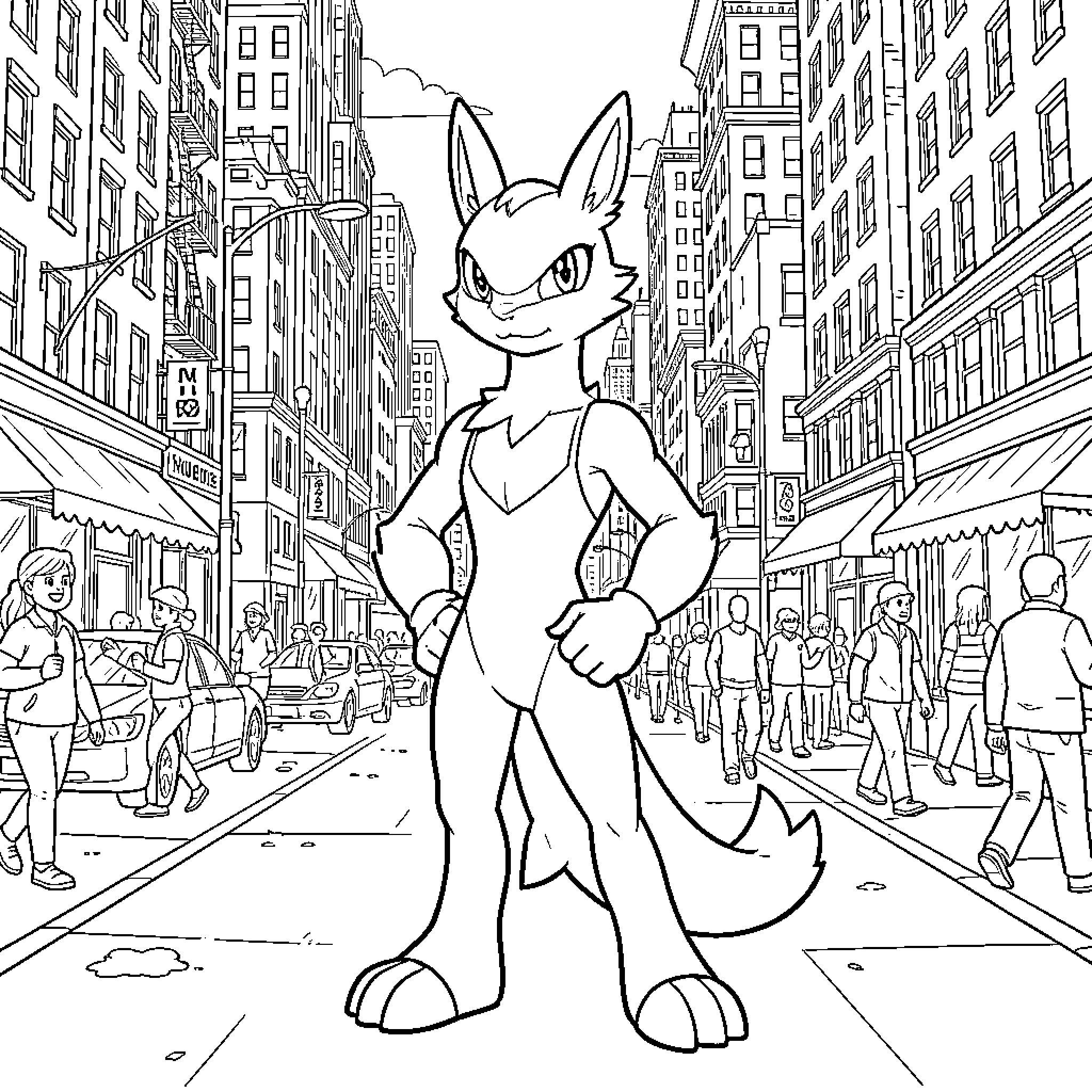 Lucario exploring the bustling city streets Coloring Page (free black-and-white line drawing printable PDF for all, from beginners to advanced learners, including children, teens, adults, and seniors)