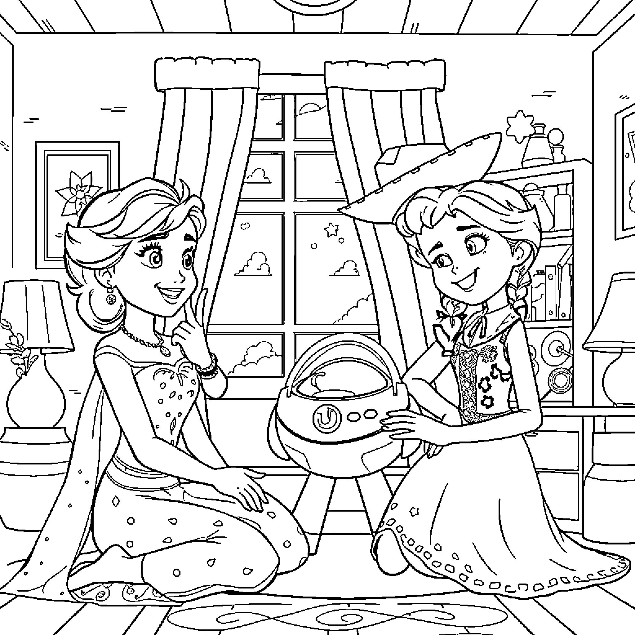 Anna and Elsa sharing a fun moment together Coloring Page (free black-and-white line drawing printable PDF for all, from beginners to advanced learners, including children, teens, adults, and seniors)