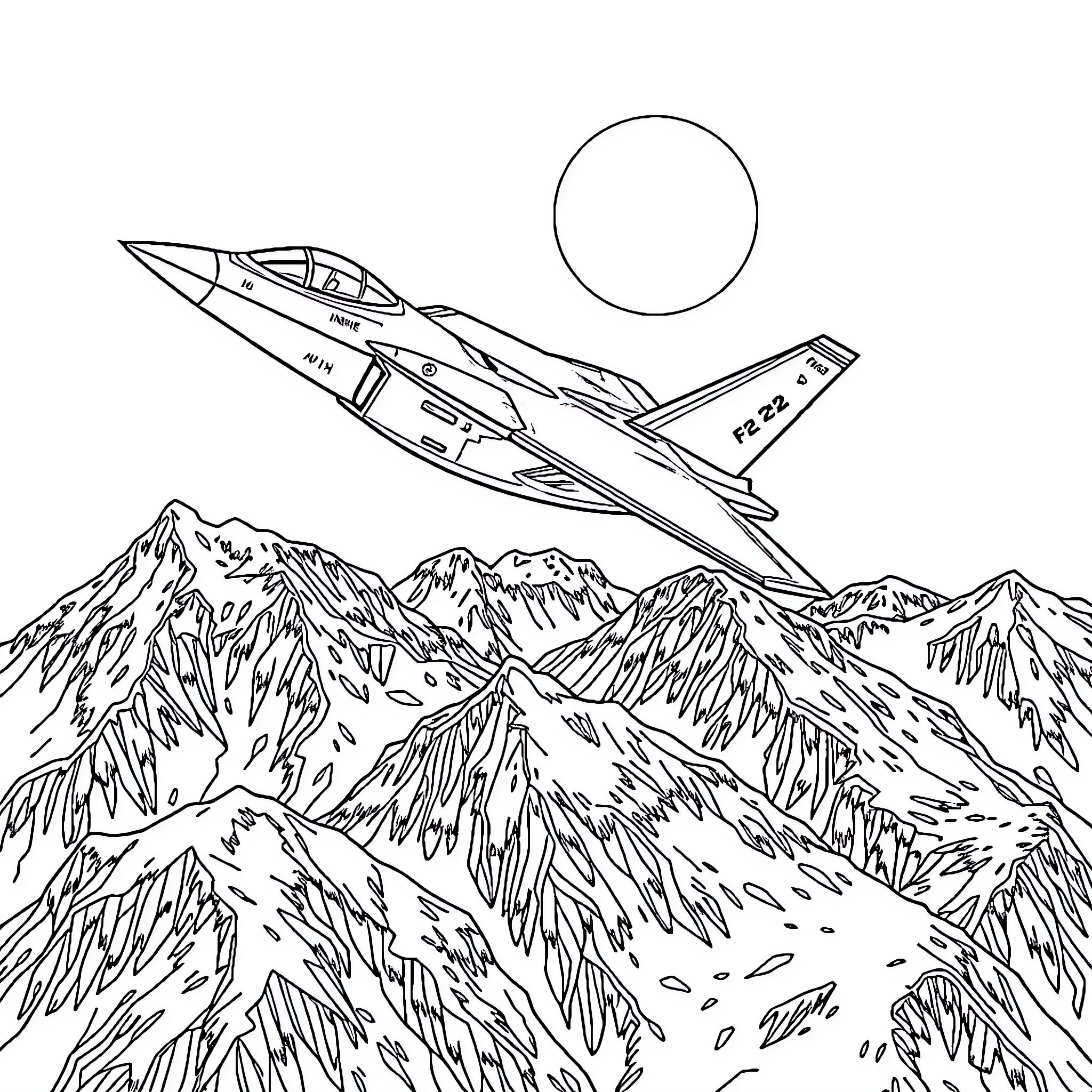 F-22 Fighter Jet Soaring over Rugged Mountain Range Coloring Page (free black-and-white line drawing printable PDF for all, from beginners to advanced learners, including children, teens, adults, and seniors)