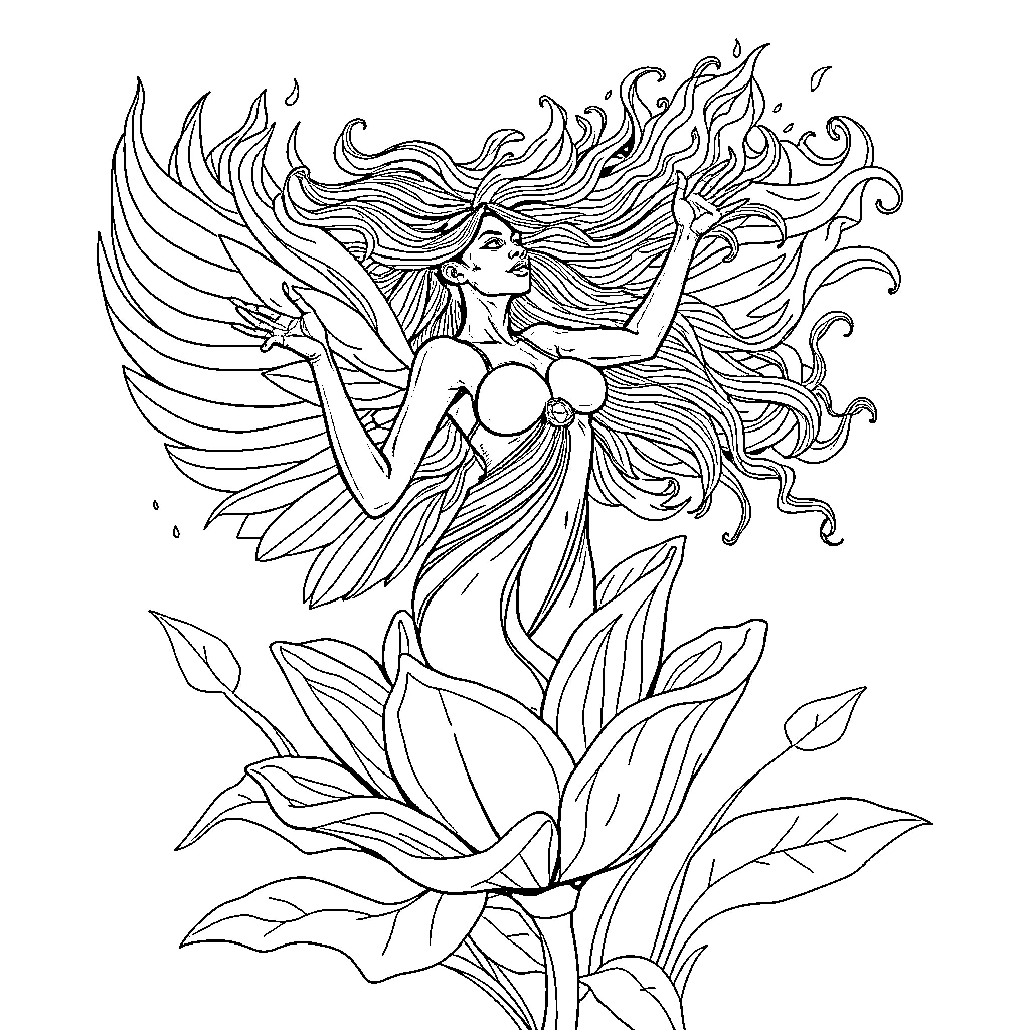 Woman with Flowing Winged Dress Amid Floral Flourishes Coloring Page (free black-and-white line drawing printable PDF for all, from beginners to advanced learners, including children, teens, adults, and seniors)
