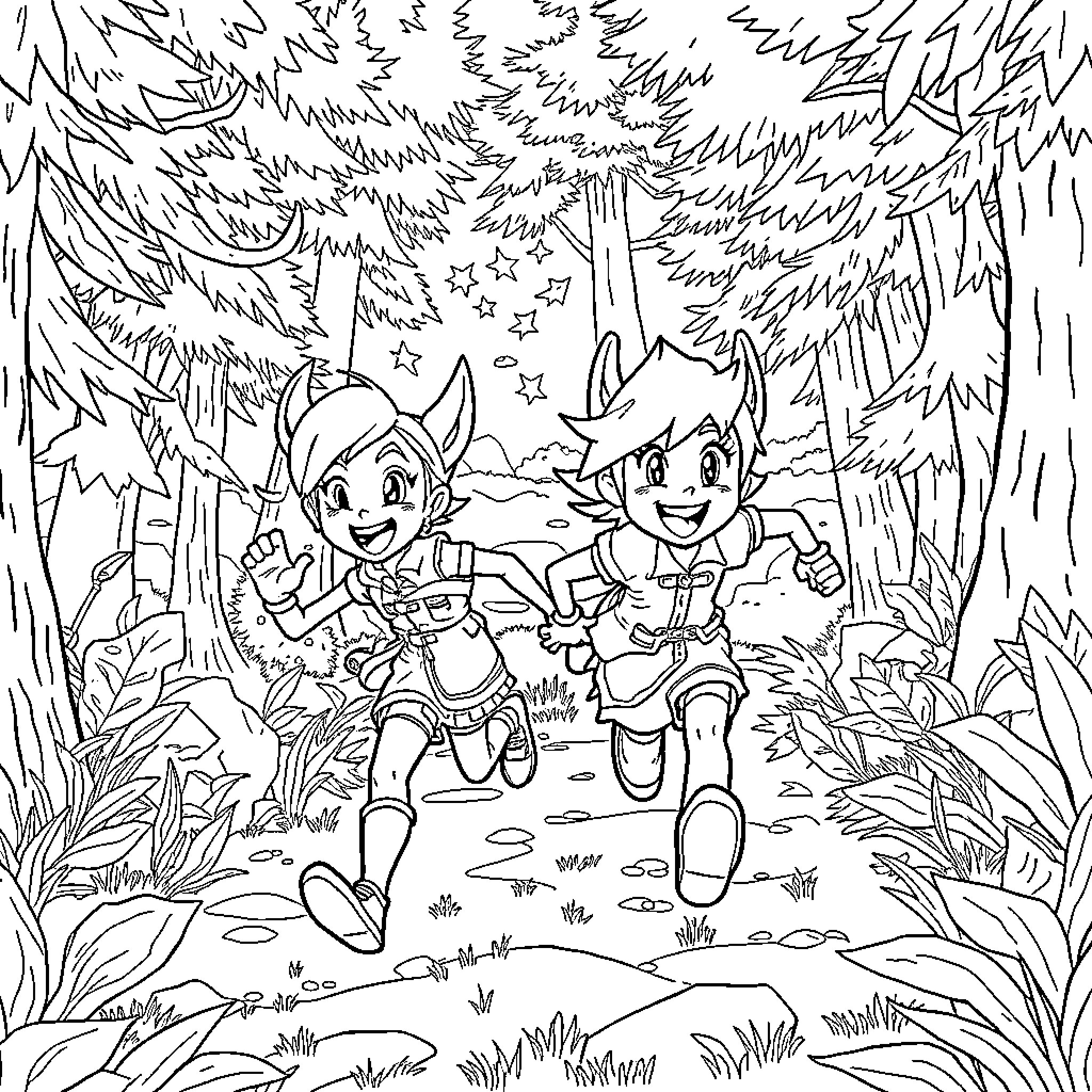 Jinx and friends explore the enchanted forest Coloring Page (free black-and-white line drawing printable PDF for all, from beginners to advanced learners, including children, teens, adults, and seniors)