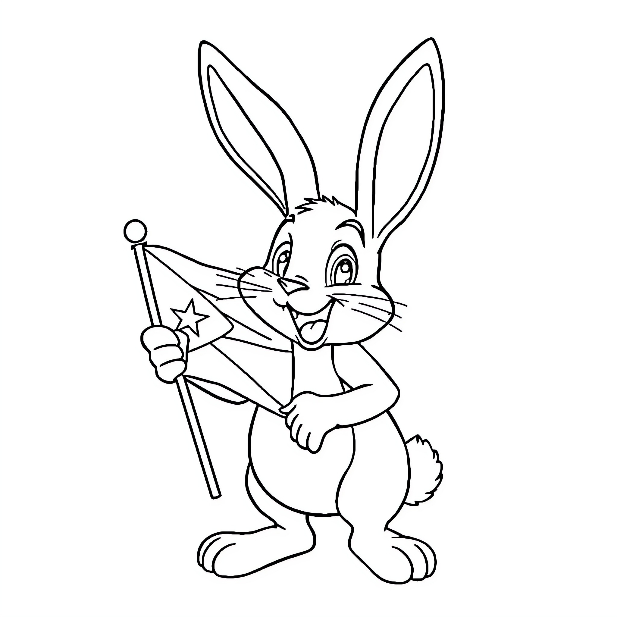 Bad Bunny waving a flag with a cheerful expression Coloring Page (free black-and-white line drawing printable PDF for all, from beginners to advanced learners, including children, teens, adults, and seniors)