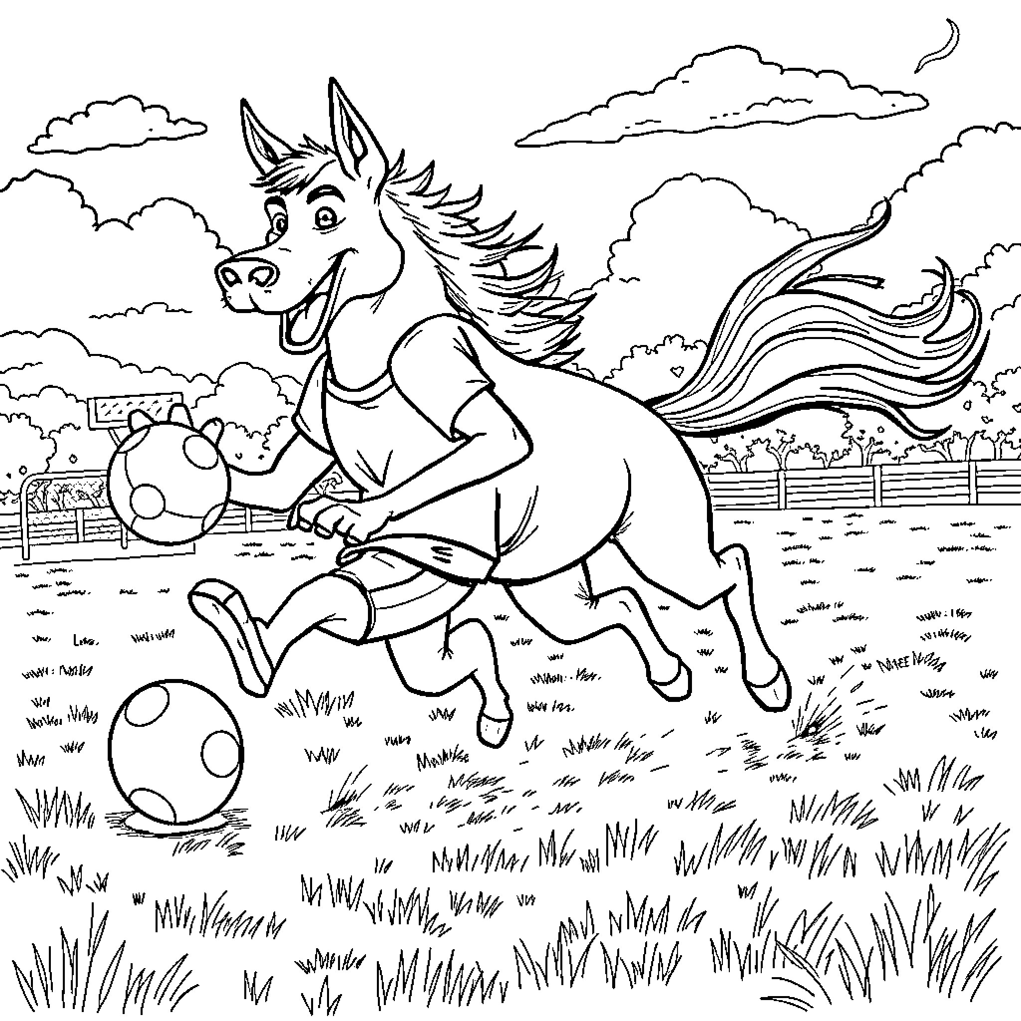 Dog frolicking with colorful eggs in a meadow Coloring Page (free black-and-white line drawing printable PDF for all, from beginners to advanced learners, including children, teens, adults, and seniors)