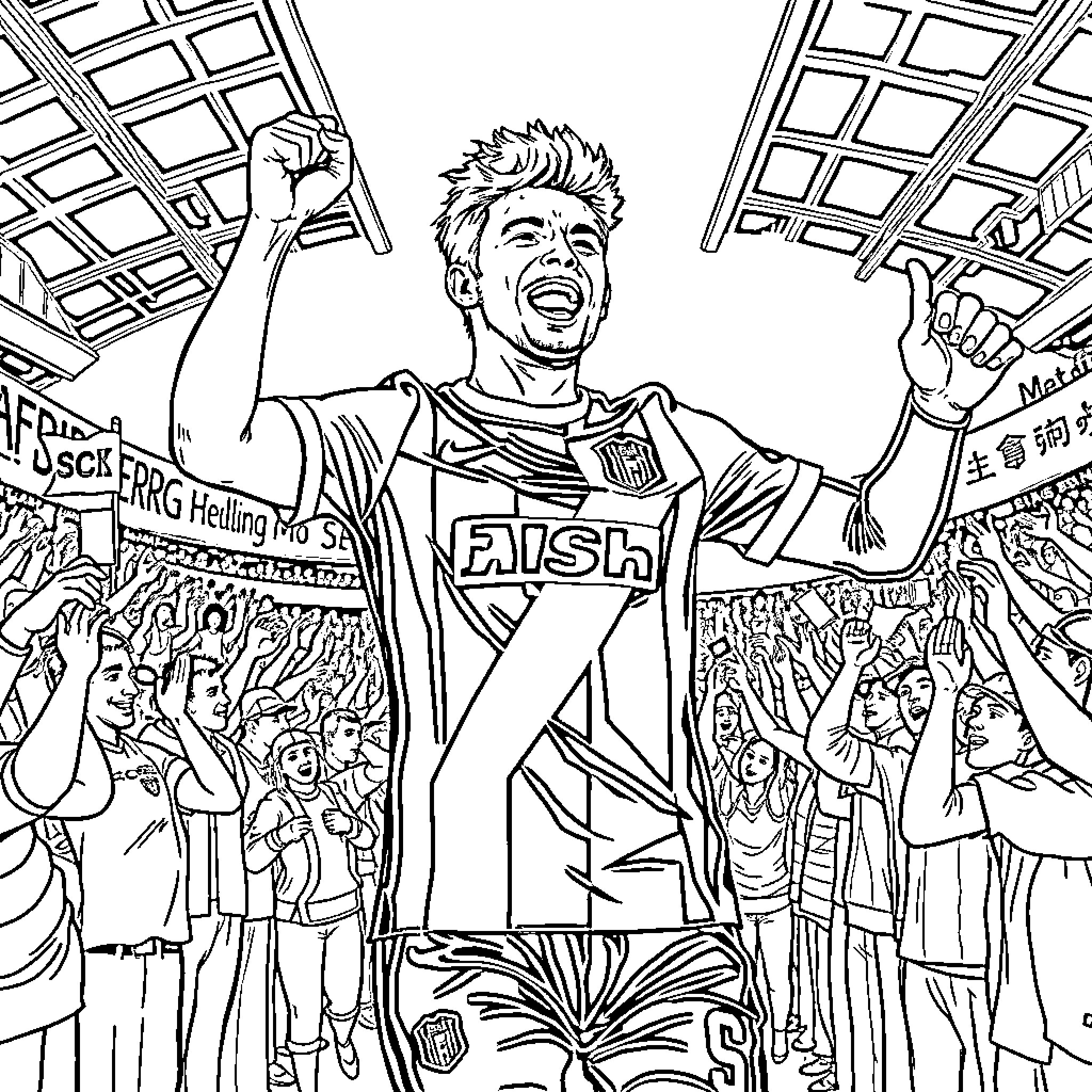 Player celebrating victory with enthusiastic fans Coloring Page (free black-and-white line drawing printable PDF for all, from beginners to advanced learners, including children, teens, adults, and seniors)