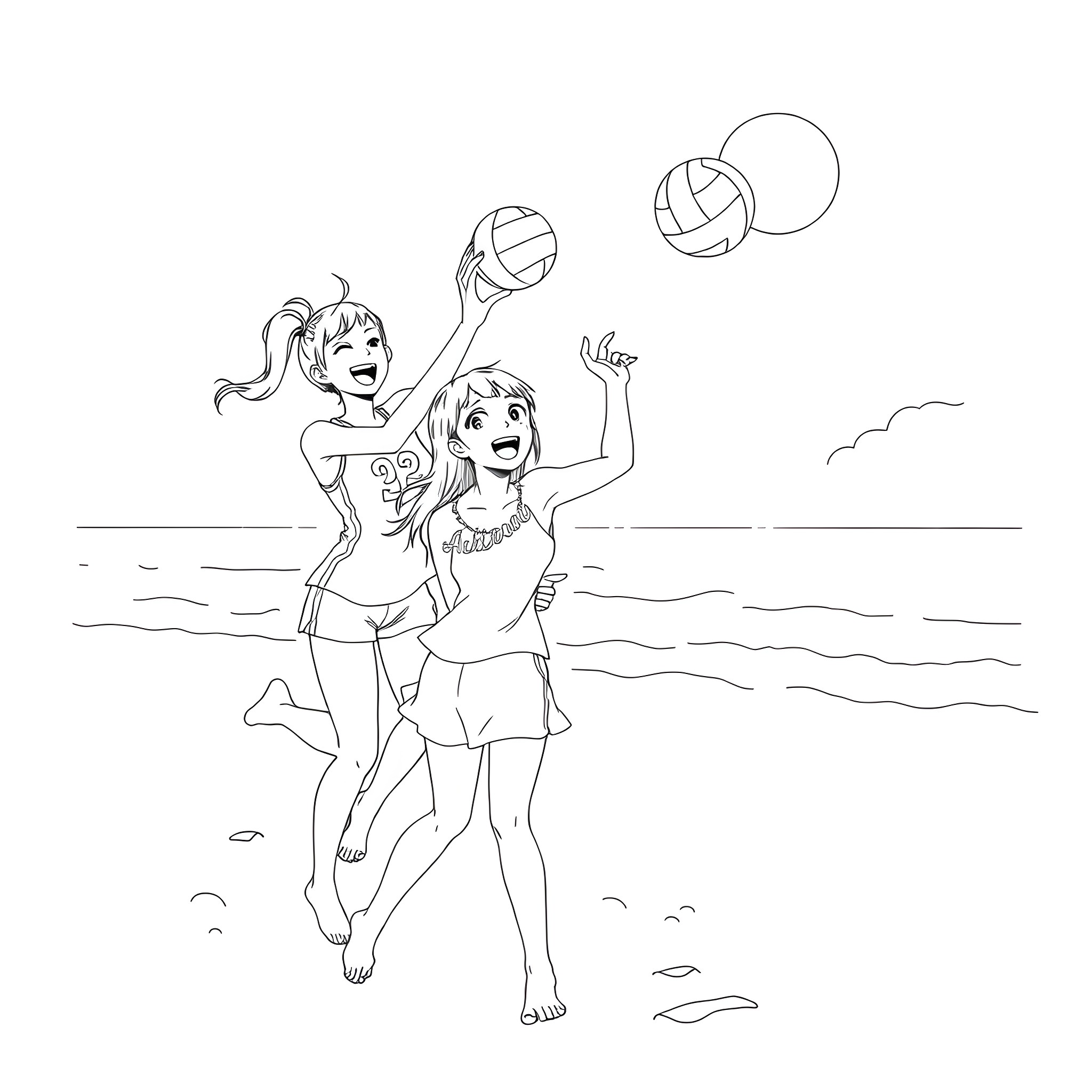 Nezuko playing beach volleyball with friend Coloring Page (free black-and-white line drawing printable PDF for all, from beginners to advanced learners, including children, teens, adults, and seniors)