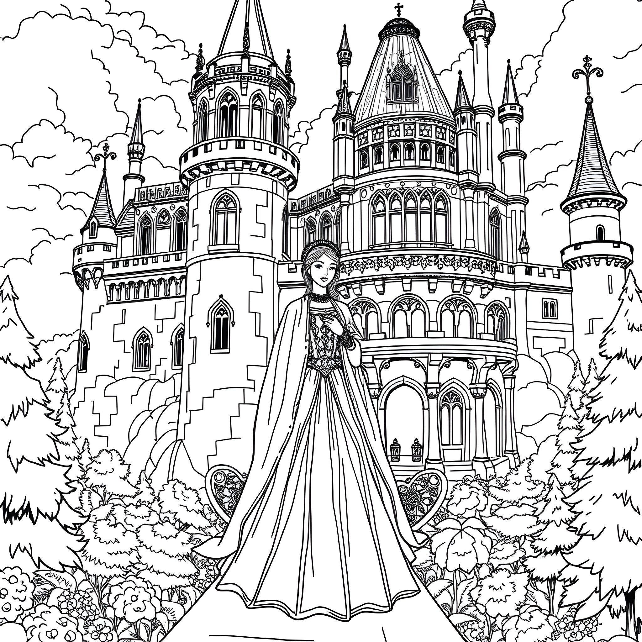 Princess in an enchanting castle landscape Coloring Page (free black-and-white line drawing printable PDF for all, from beginners to advanced learners, including children, teens, adults, and seniors)