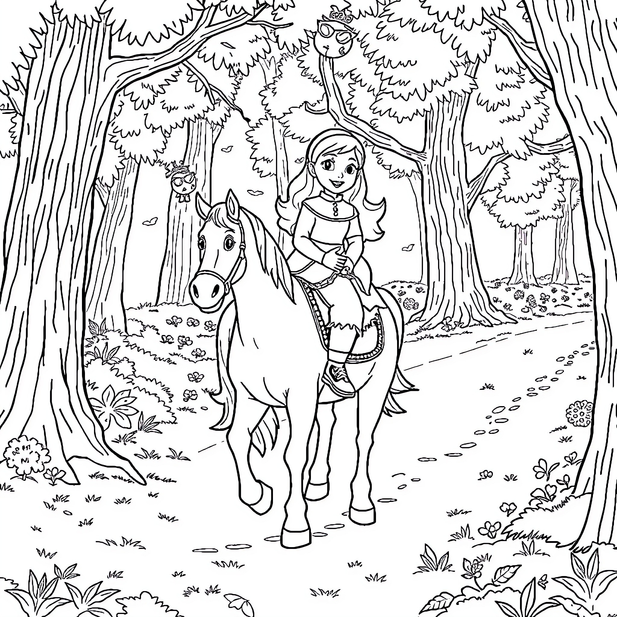 Bibi Blocksberg riding a horse in the enchanted forest Coloring Page (free black-and-white line drawing printable PDF for all, from beginners to advanced learners, including children, teens, adults, and seniors)
