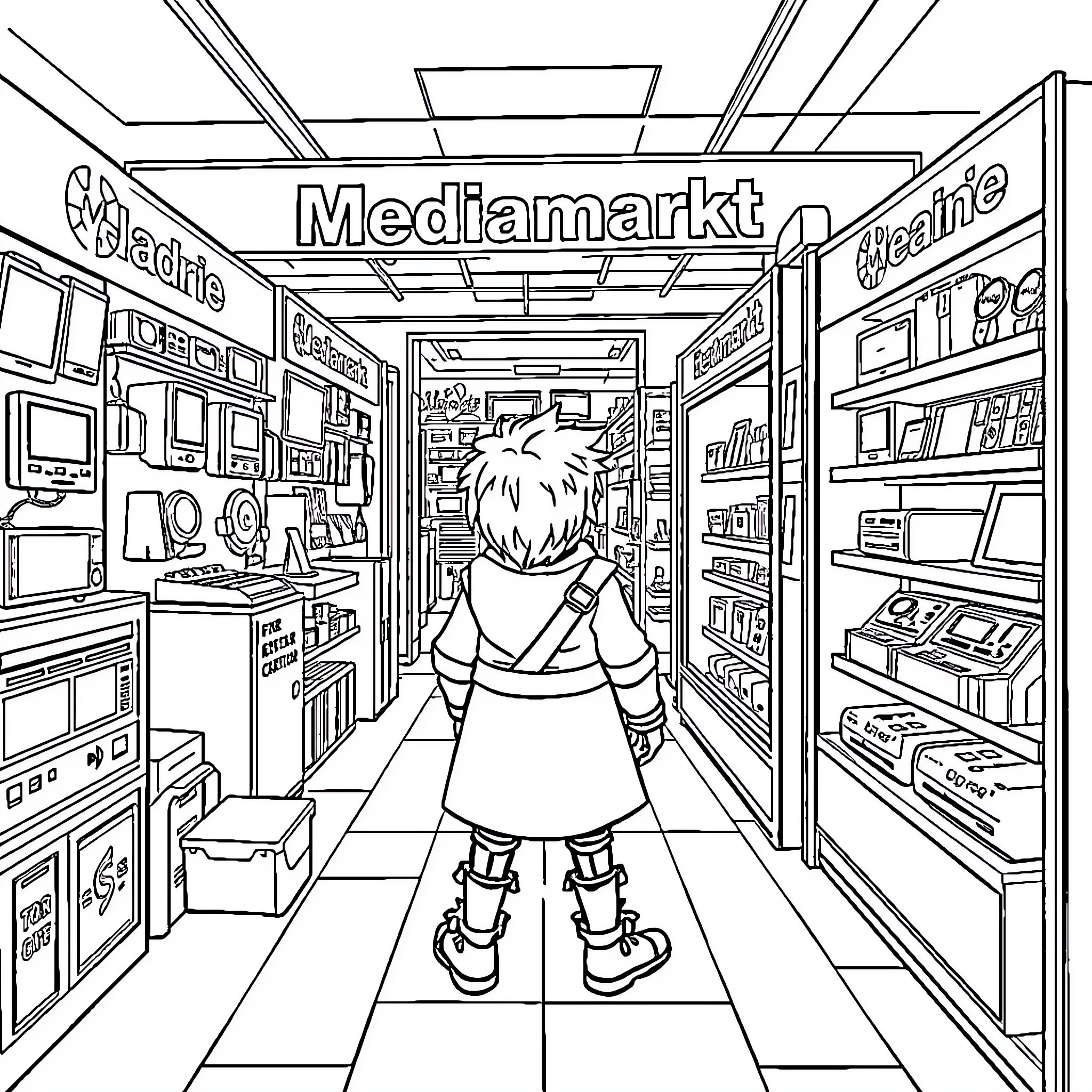 Frodo Explores the Vibrant Mediamarkt Electronics Store Coloring Page (free black-and-white line drawing printable PDF for all, from beginners to advanced learners, including children, teens, adults, and seniors)