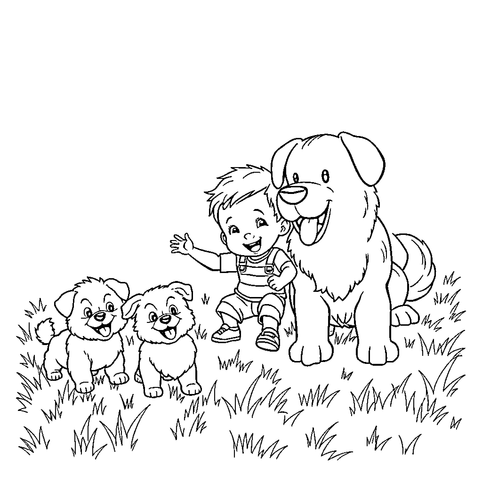 Toddler playing with happy puppies in grassy field Coloring Page (free black-and-white line drawing printable PDF for all, from beginners to advanced learners, including children, teens, adults, and seniors)