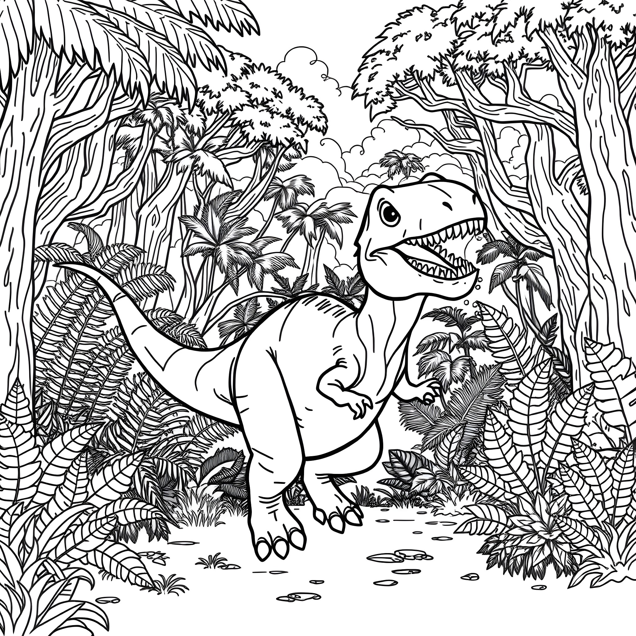 Dinosaur exploring the lush, vibrant jungle Coloring Page (free black-and-white line drawing printable PDF for all, from beginners to advanced learners, including children, teens, adults, and seniors)