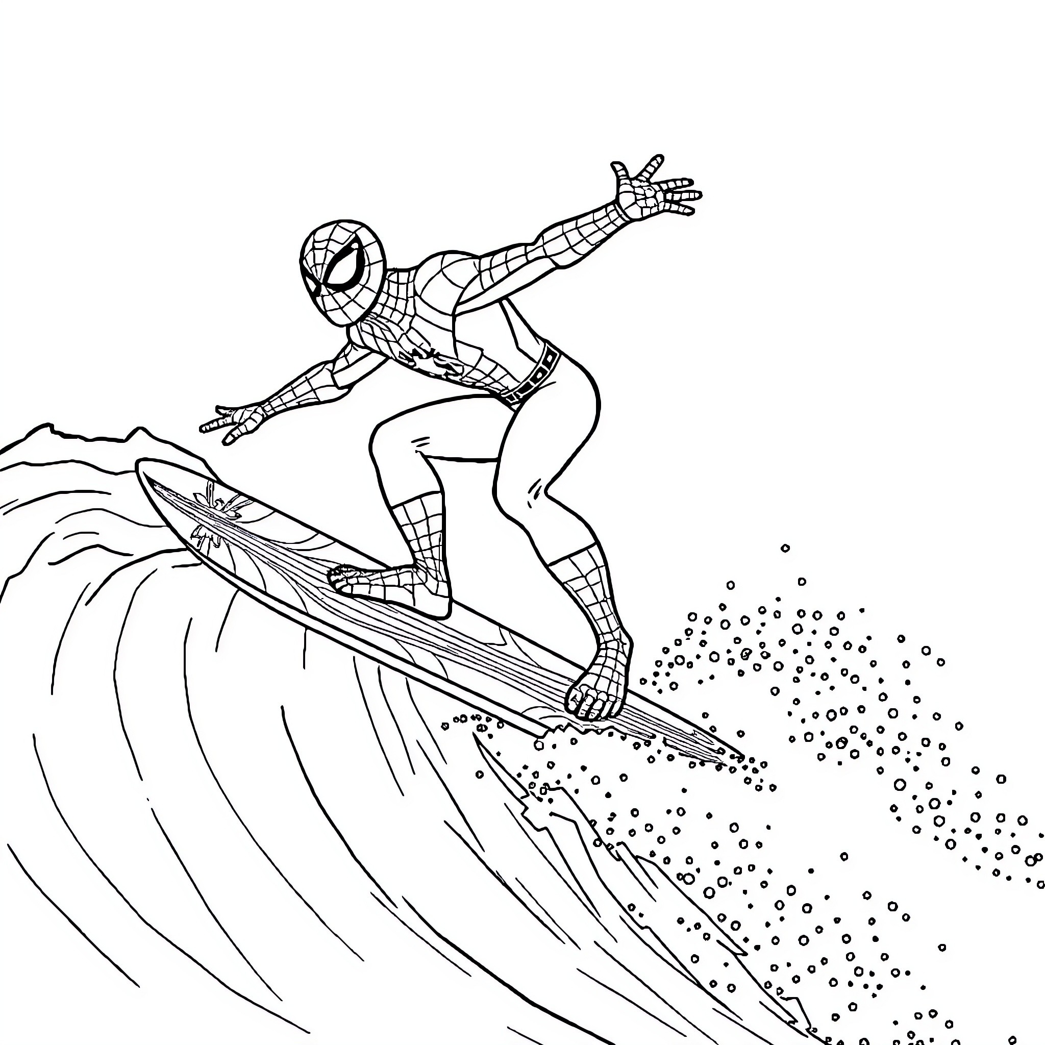 Spiderman surfing on a massive wave Coloring Page (free black-and-white line drawing printable PDF for all, from beginners to advanced learners, including children, teens, adults, and seniors)